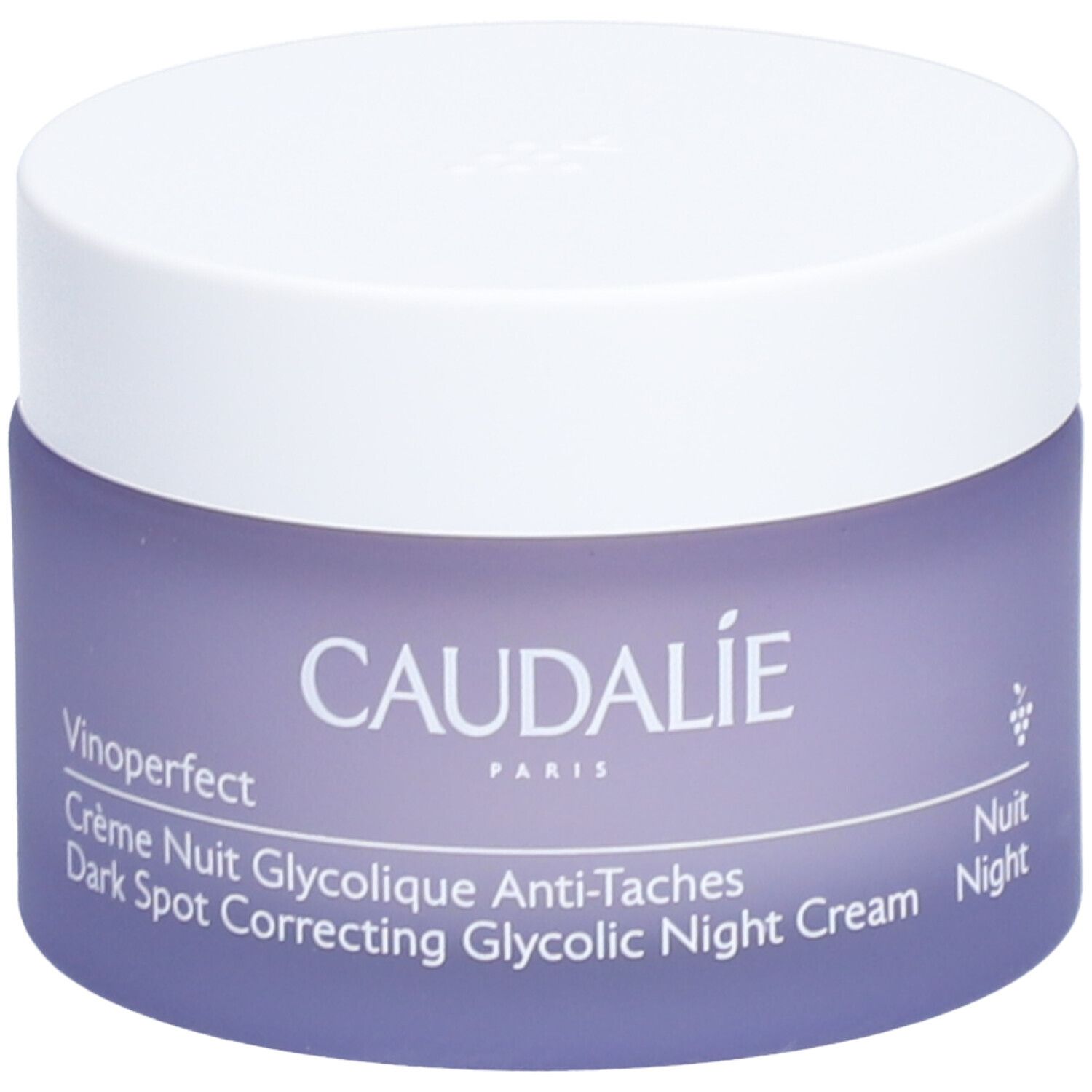 Pot de crème avec couvercle blanc et verre violet. Inscription: Caudalie, Vinoperfect, Crème Nuit Glycolique Anti-Taches, Dark Spot Correcting Glycolic Night Cream.
