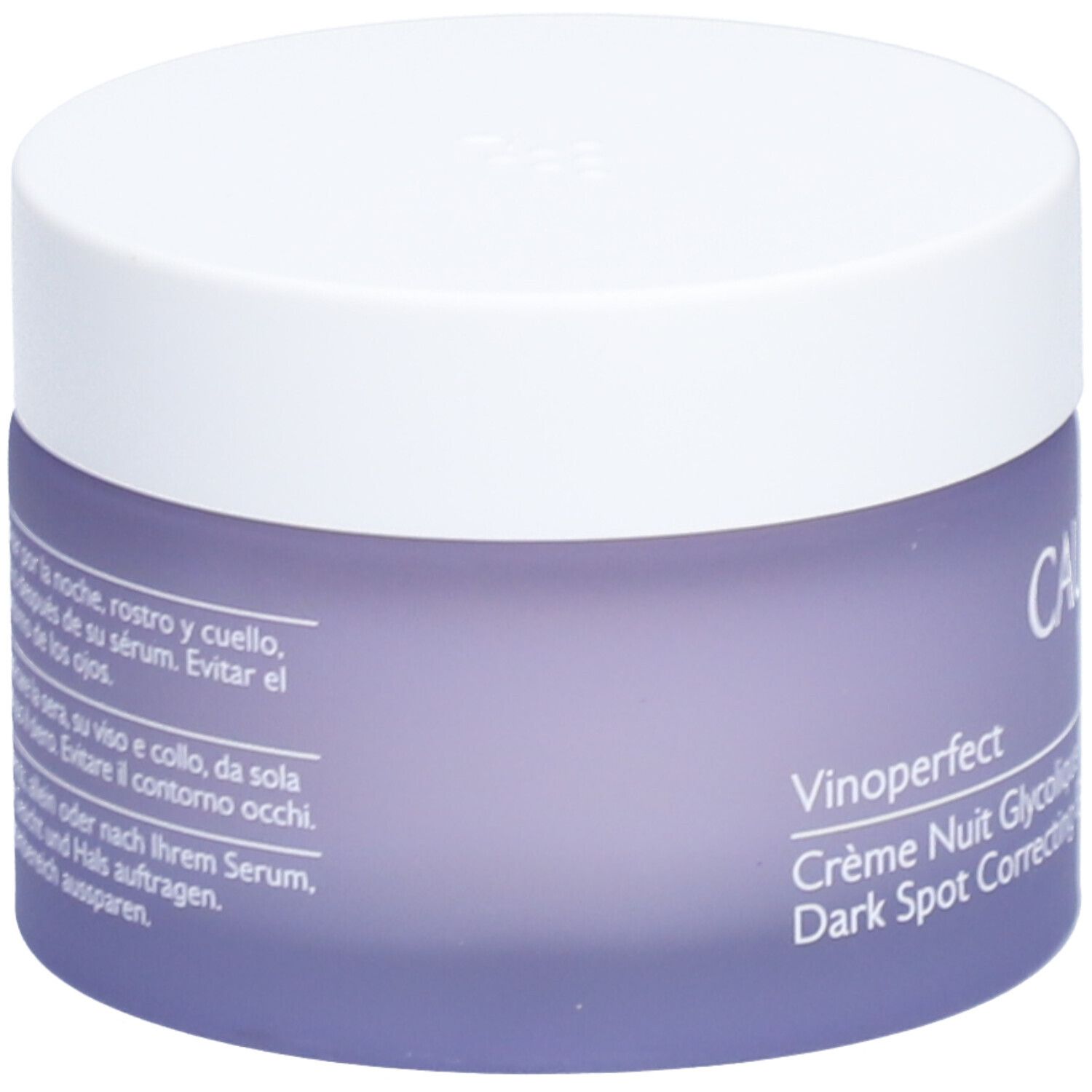 Pot de crème avec couvercle blanc et verre violet. Inscription: Caudalie, Vinoperfect, Crème Nuit Glycolique Anti-Taches, Dark Spot Correcting Glycolic Night Cream.