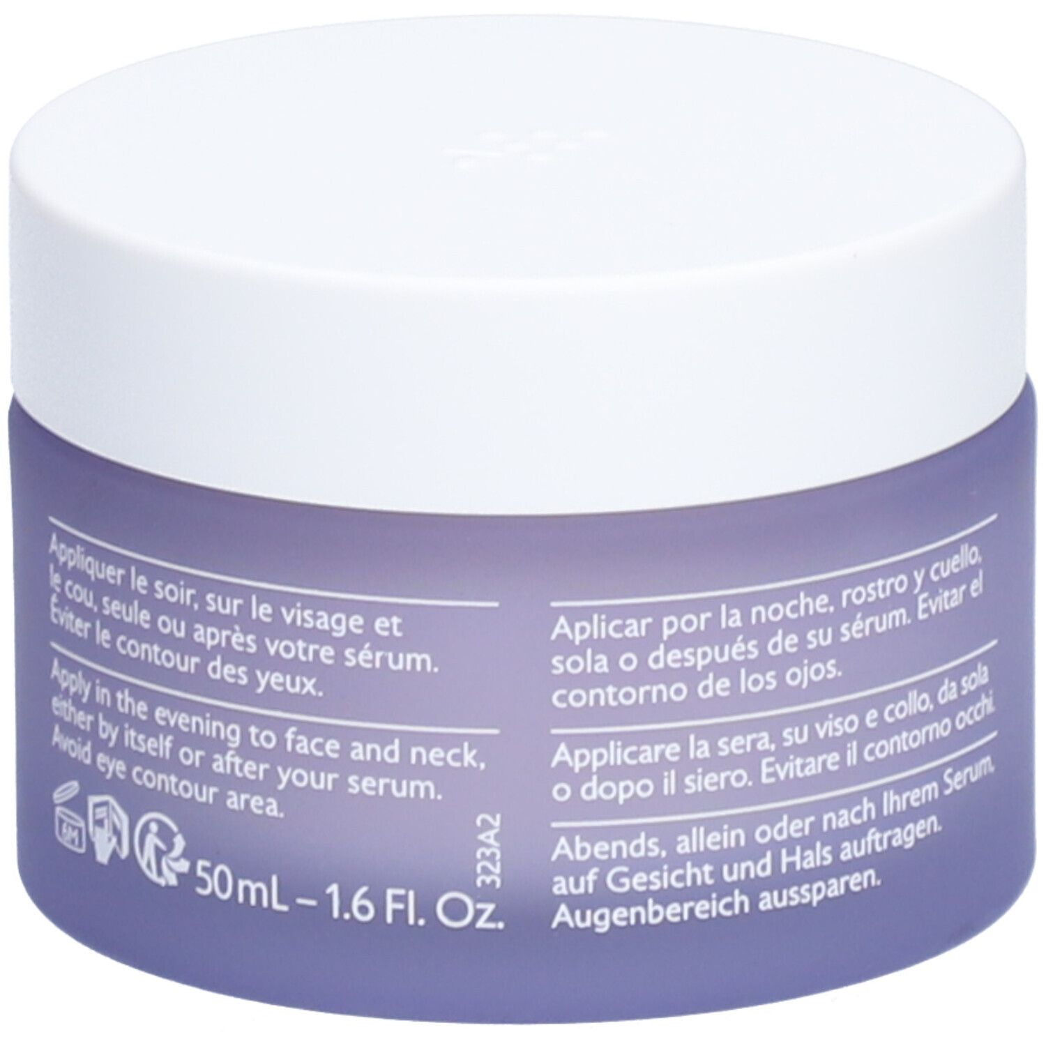 Pot de crème avec couvercle blanc et verre violet. Inscription: Caudalie, Vinoperfect, Crème Nuit Glycolique Anti-Taches, Dark Spot Correcting Glycolic Night Cream. Texte au dos.
