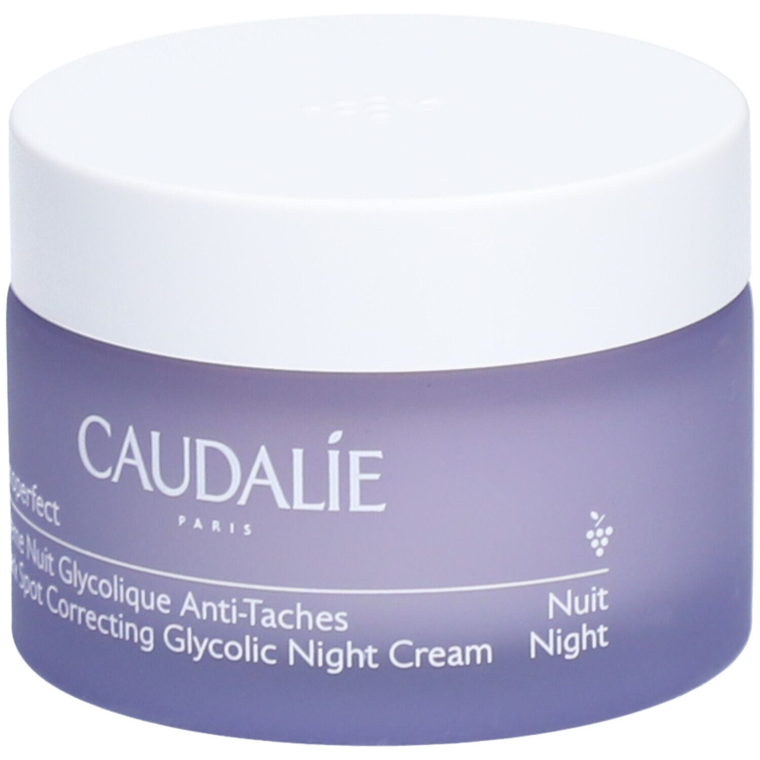 Pot de crème avec couvercle blanc et verre violet. Inscription: Caudalie, Vinoperfect, Crème Nuit Glycolique Anti-Taches, Dark Spot Correcting Glycolic Night Cream.
