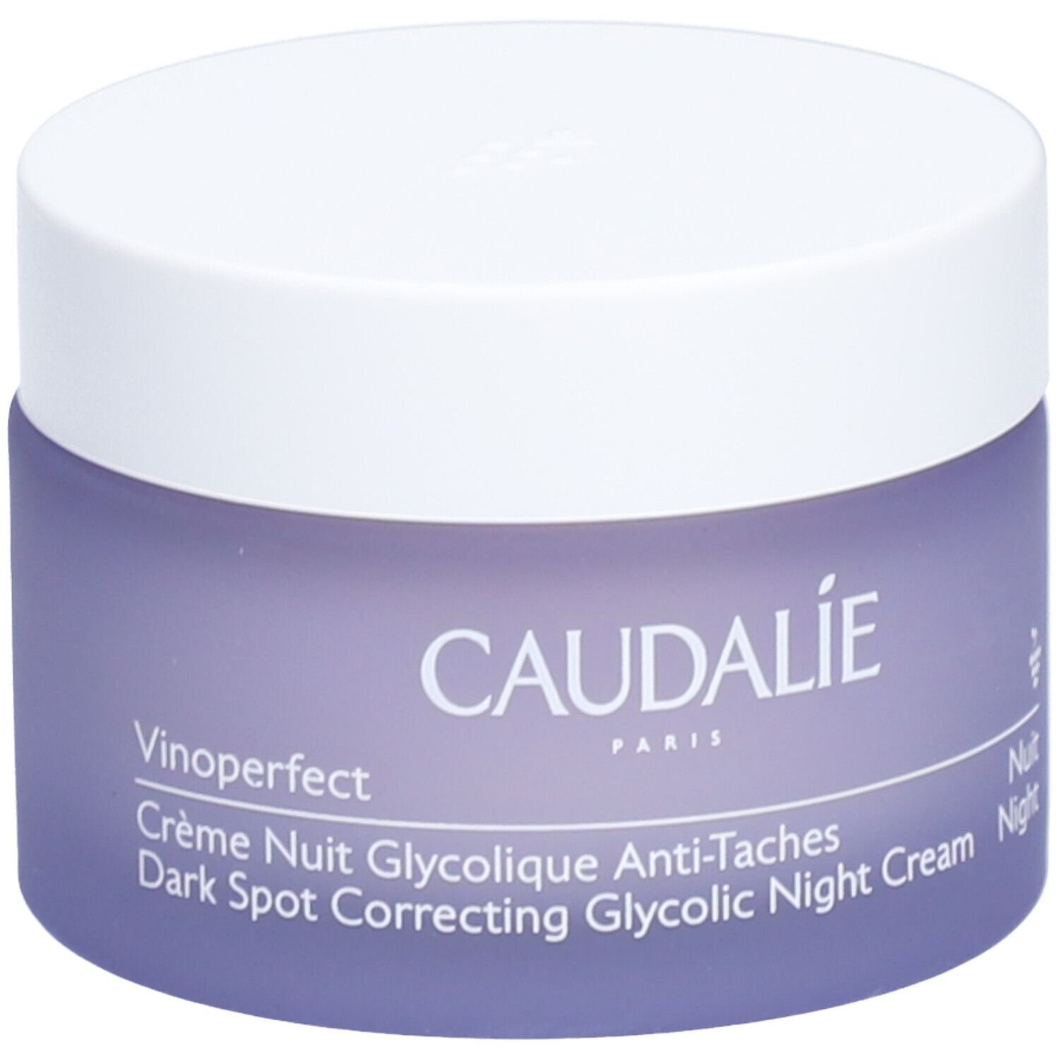 Pot de crème avec couvercle blanc et verre violet. Inscription: Caudalie, Vinoperfect, Crème Nuit Glycolique Anti-Taches, Dark Spot Correcting Glycolic Night Cream.