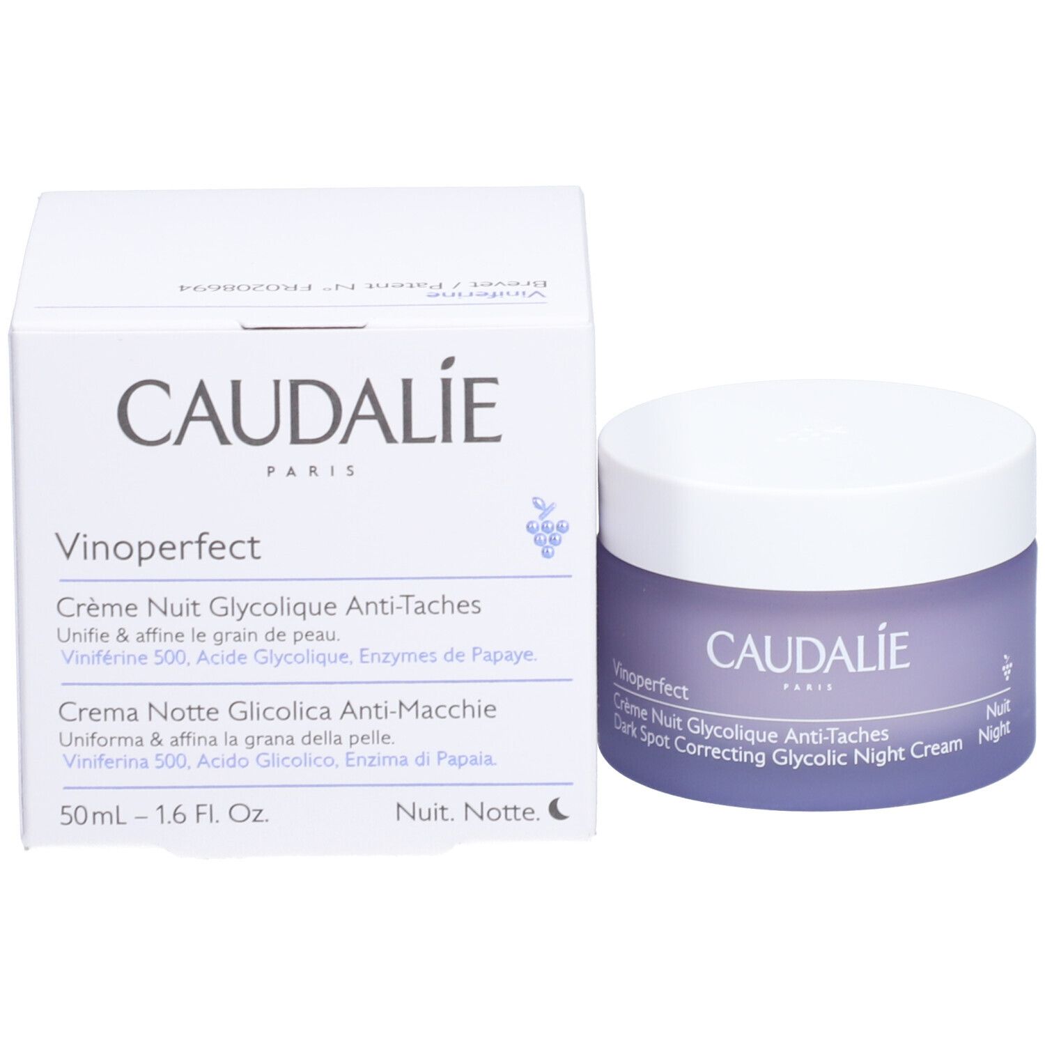 Pot de crème et emballage. Inscription: Caudalie, Vinoperfect, Crème Nuit Glycolique Anti-Taches, Dark Spot Correcting Glycolic Night Cream. Emballage avec texte.