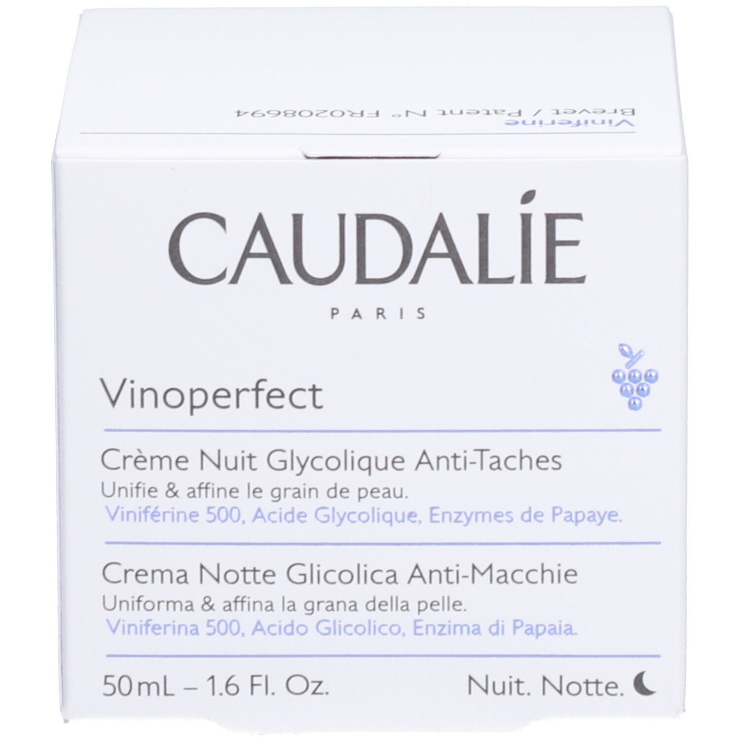 Emballage. Inscription: Caudalie, Vinoperfect, Crème Nuit Glycolique Anti-Taches. Texte et logo.