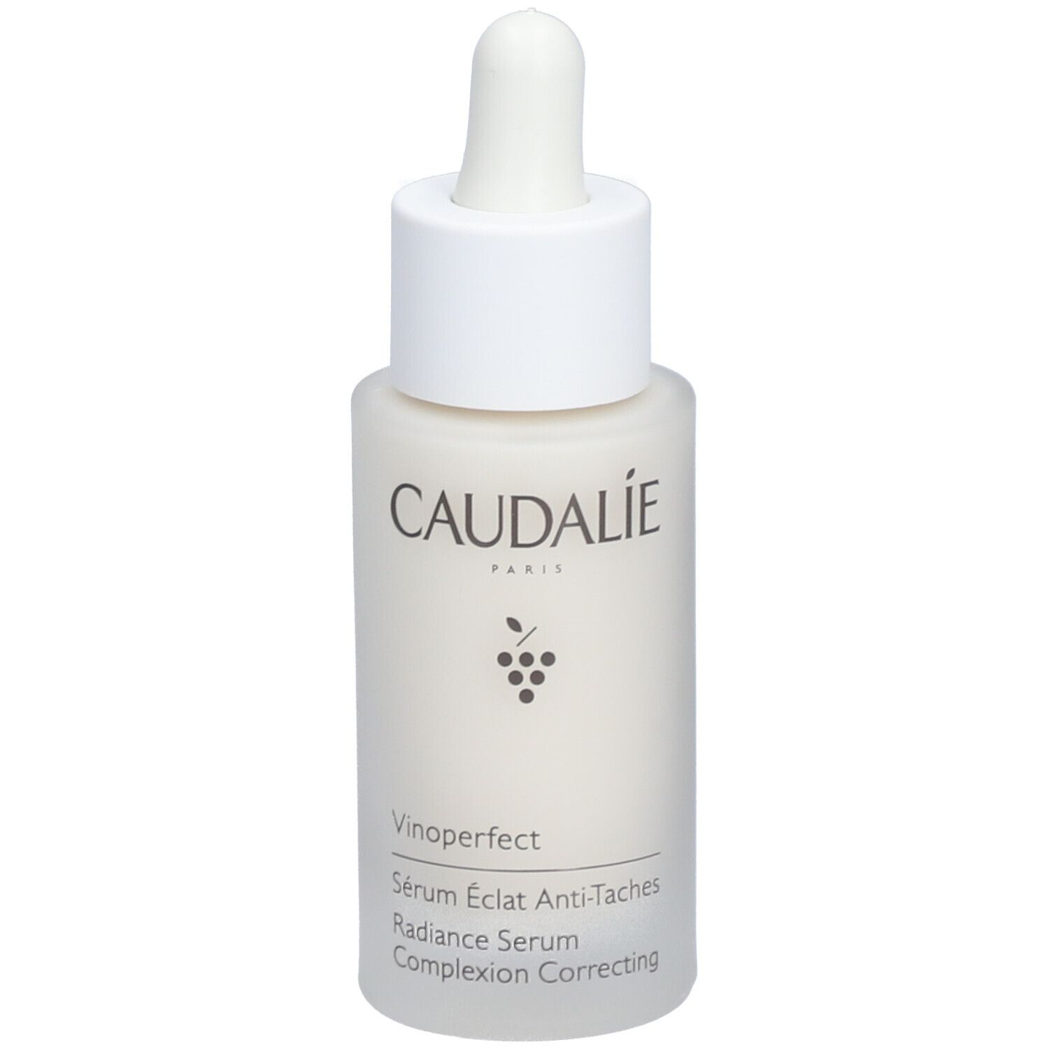 Caudalie Vinoperfect Sérum Éclat Flasche mit weißem Deckel und Pipette. Aufschrift: Caudalie, Vinoperfect, Sérum Éclat Anti-Taches.