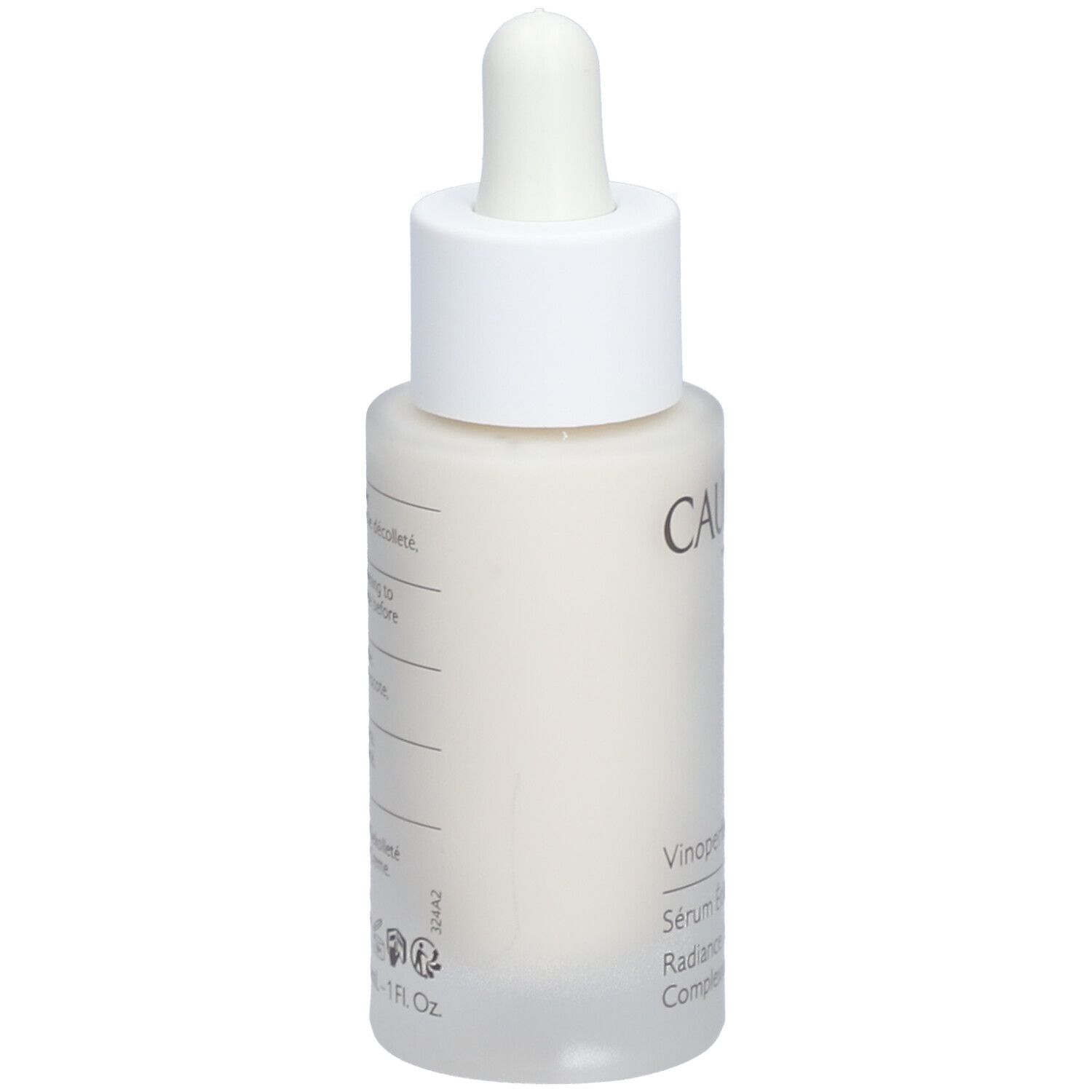 Rückseite der Caudalie Vinoperfect Sérum Éclat Flasche. Text mit Produktinformationen. Weiße Flasche mit weißem Deckel und Pipette.