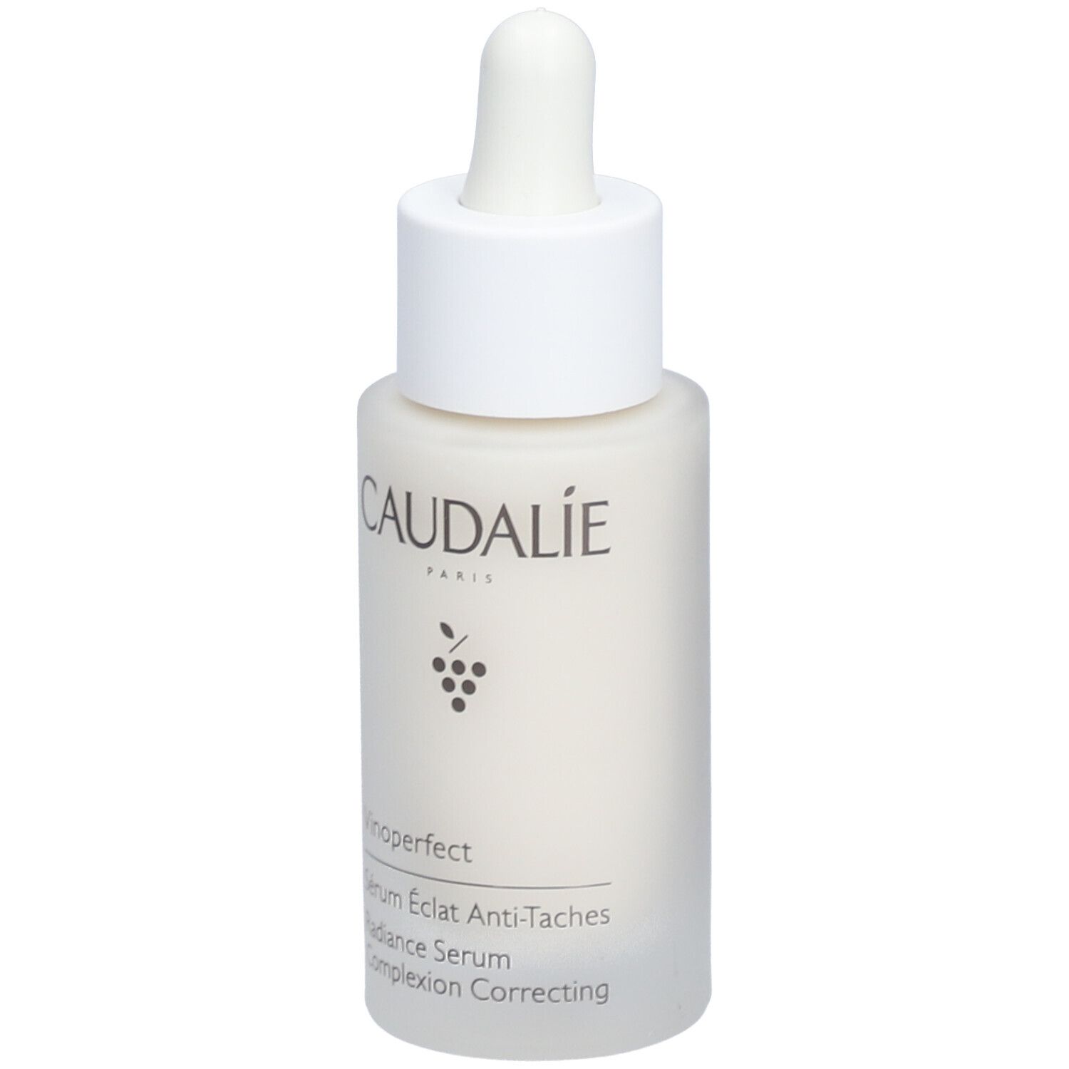 Caudalie Vinoperfect Sérum Éclat Flasche mit weißem Deckel und Pipette. Aufschrift: Caudalie, Vinoperfect, Sérum Éclat Anti-Taches.