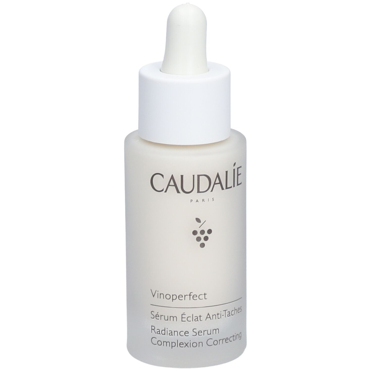 Caudalie Vinoperfect Sérum Éclat Flasche mit weißem Deckel und Pipette. Aufschrift: Caudalie, Vinoperfect, Sérum Éclat Anti-Taches.