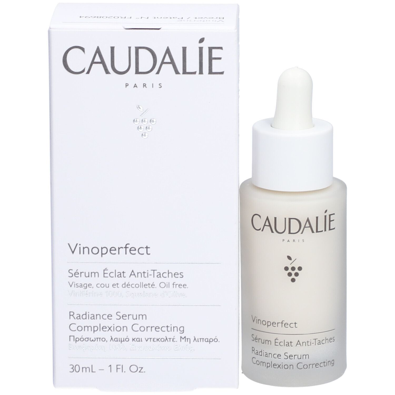 Caudalie Vinoperfect Sérum Éclat Flasche und Verpackung. Aufschrift: Caudalie, Vinoperfect, Sérum Éclat Anti-Taches. 30ml.
