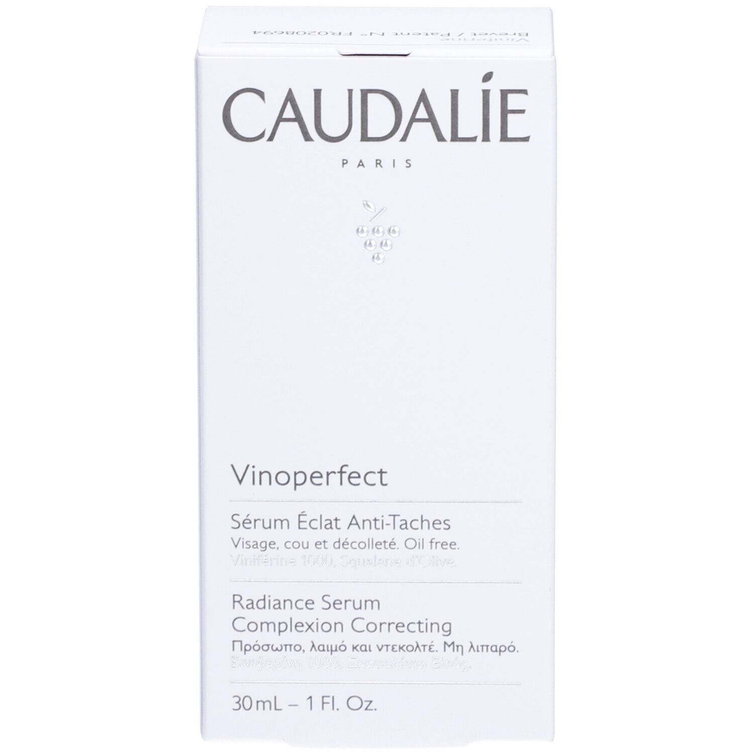 Caudalie Vinoperfect Sérum Éclat Verpackung. Aufschrift: Caudalie, Vinoperfect, Sérum Éclat Anti-Taches. 30ml.