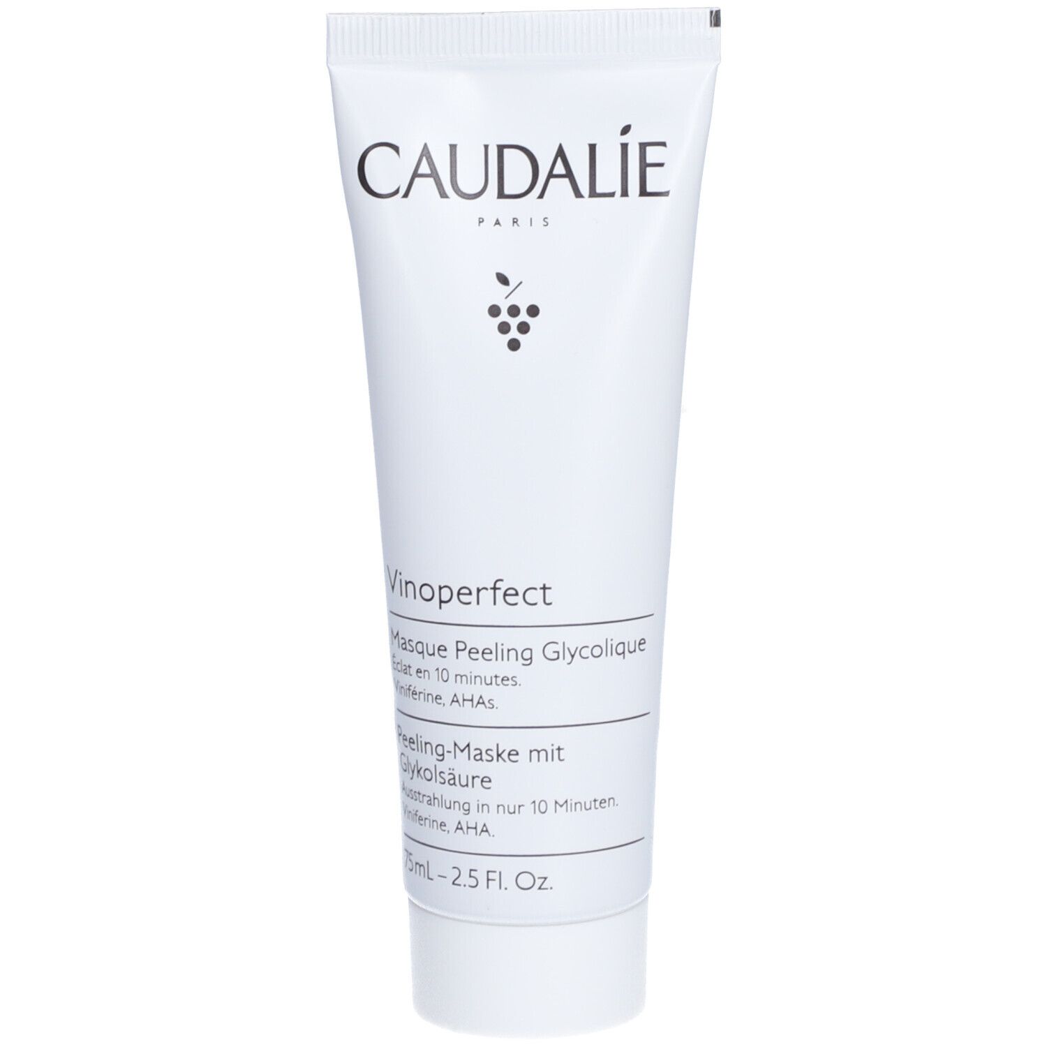 Weiße Tube mit Caudalie-Logo und Produktbezeichnung Vinoperfect Masque Peeling Glycolique. Text in Schwarz.