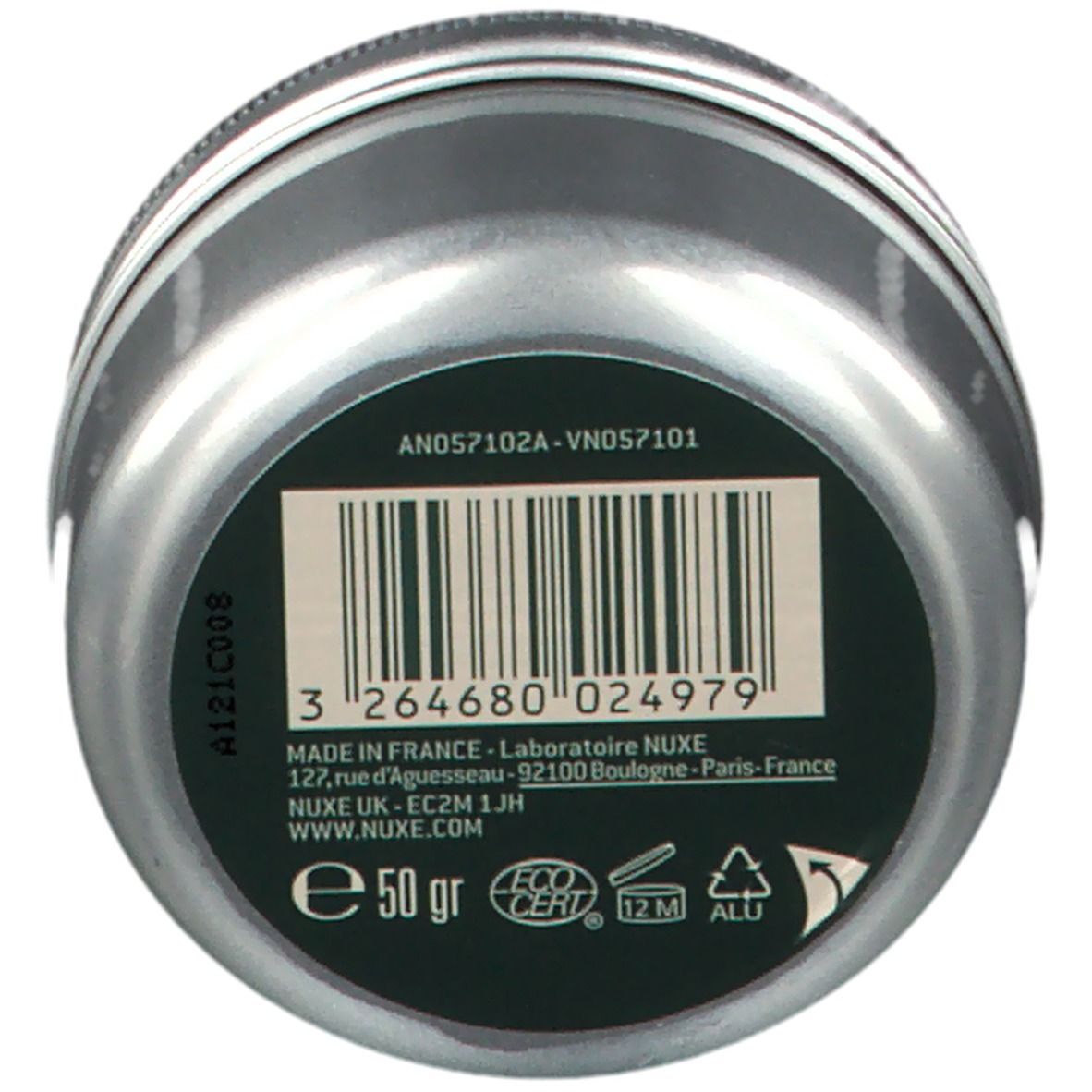 Ronde zilverkleurige pot met zwart etiket. Streepjescode, tekst: Made in France, NUXE, 50 gr, Eco Cert.