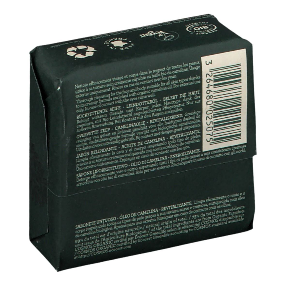 Achterkant van de zwarte verpakking. Tekst en barcode. Opschrift: Nuxe Bio Organic. Vegan-keurmerk. Recyclingsymbool.