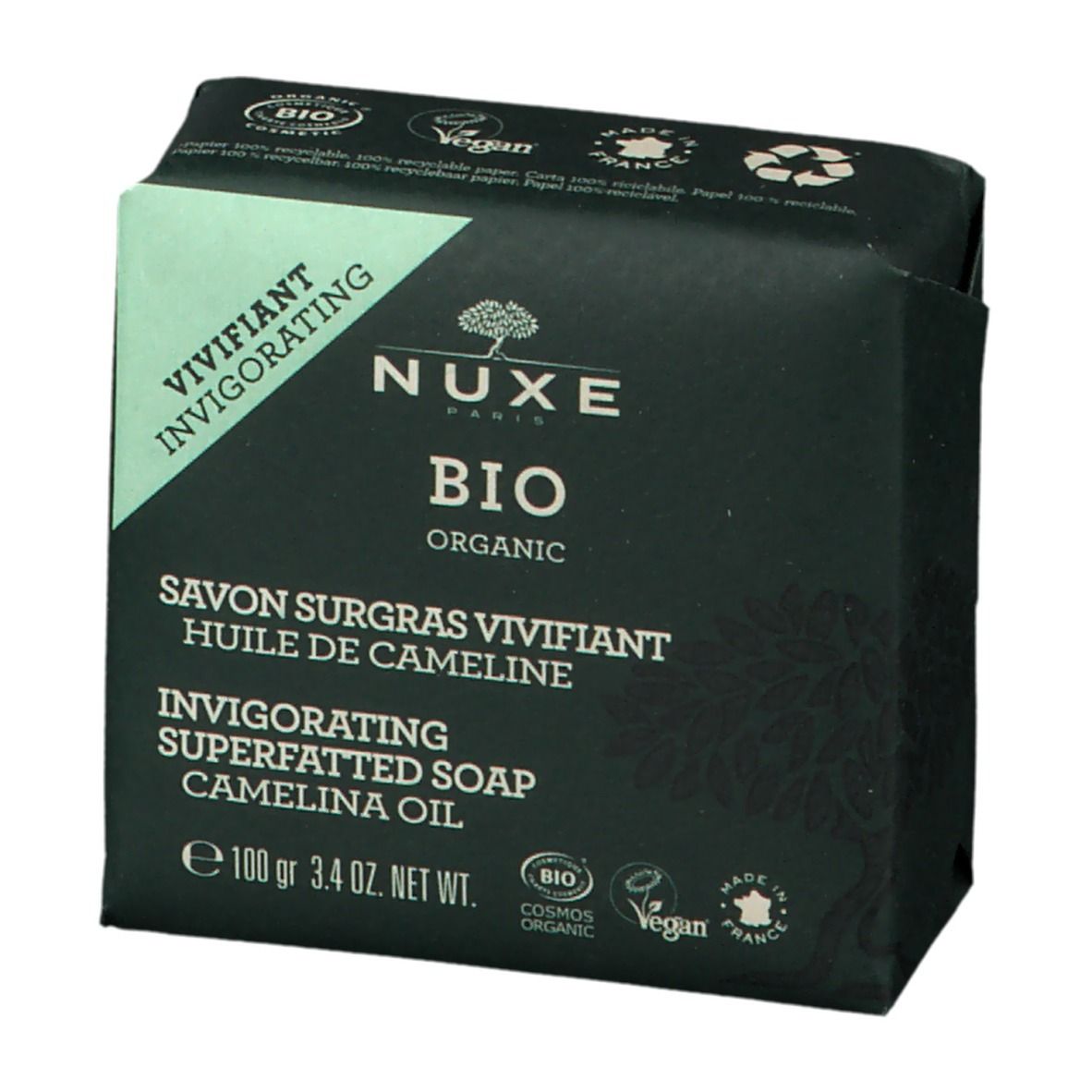 Zwarte verpakking met productinformatie. Opschrift: Nuxe Bio Organic, Savon Surgras Vivifiant Huile de Cameline. Vegan-keurmerk.