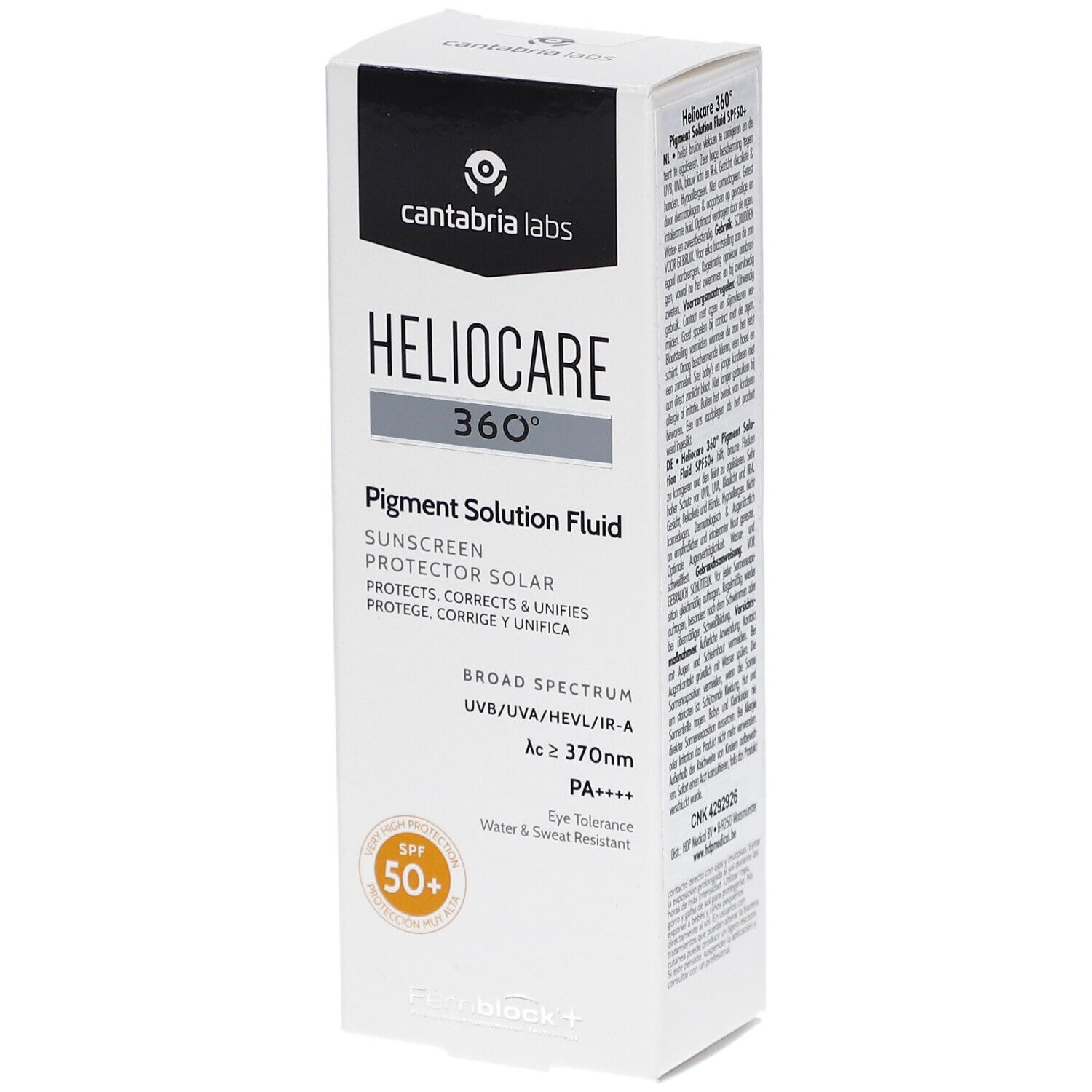 Weißer Karton, Heliocare 360° Pigment Solution Fluid SPF 50+. Produktname und SPF-Wert sichtbar. Verpackung mit Text und QR-Code.