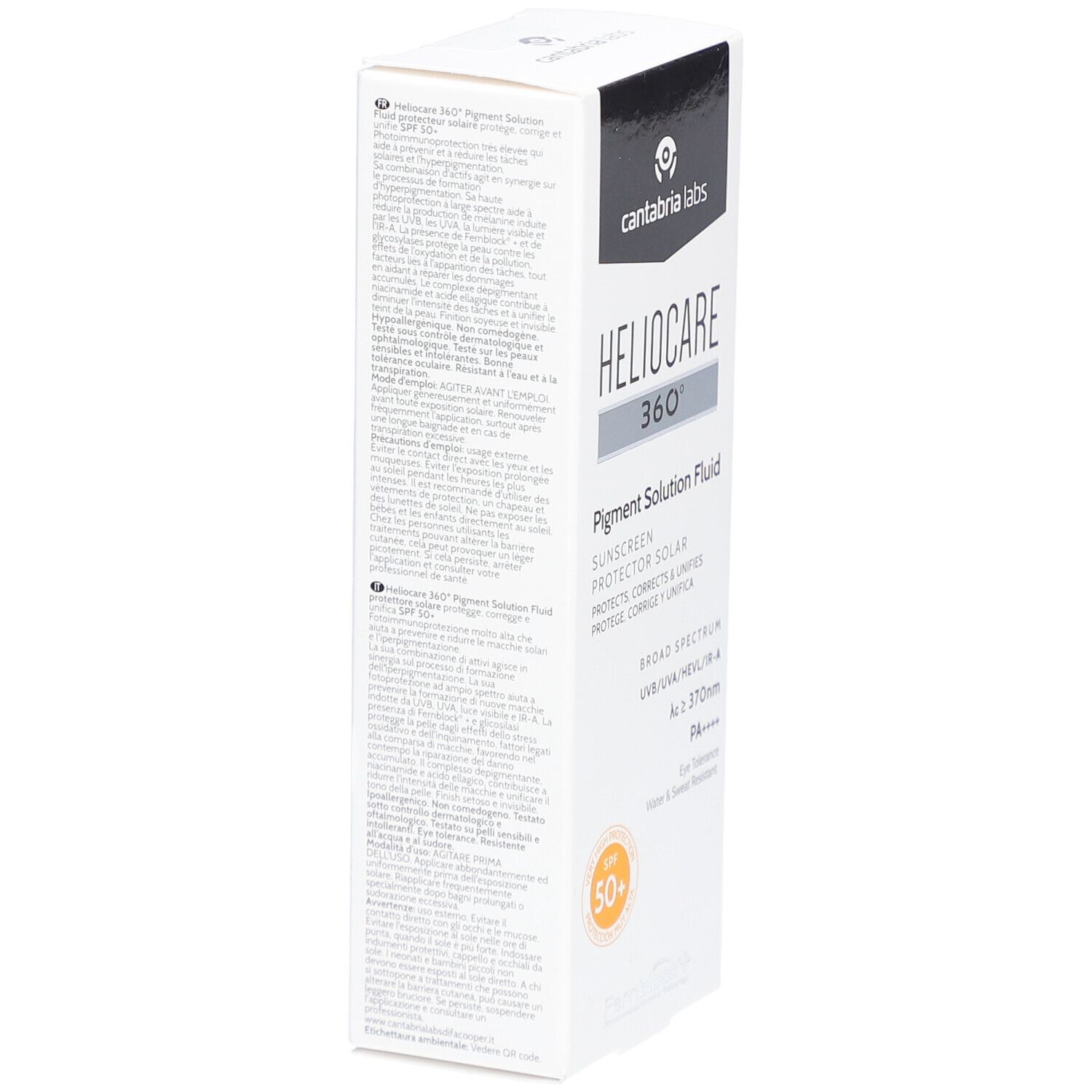 Weißer Karton mit Text. Heliocare 360° Pigment Solution Fluid SPF 50+ aufgedruckt. Verpackung mit Text und QR-Code.