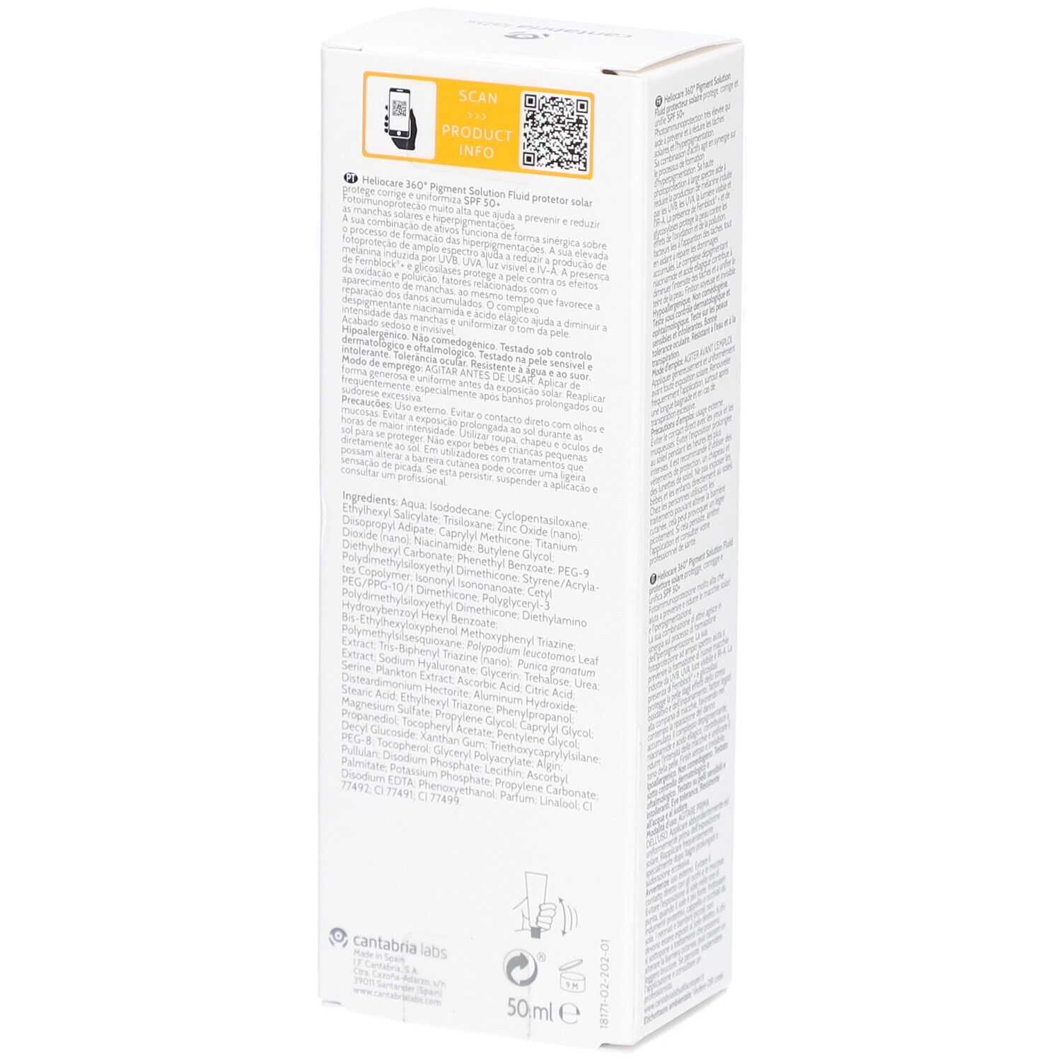 Weißer Karton, Rückseite mit Text und QR-Code. Heliocare 360° Pigment Solution Fluid SPF 50+ aufgedruckt. Produktinformationen.