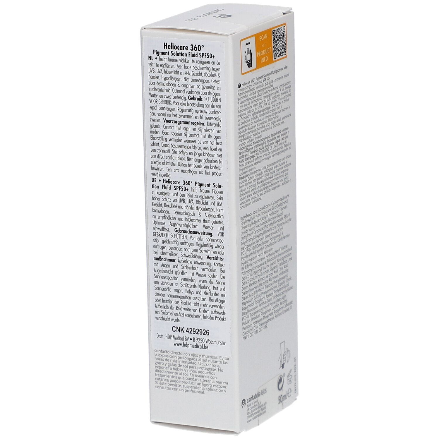 Karton, Rückseite mit Text, QR-Code und Inhaltsstoffen. Heliocare 360° Pigment Solution Fluid SPF 50+ aufgedruckt. 50ml.