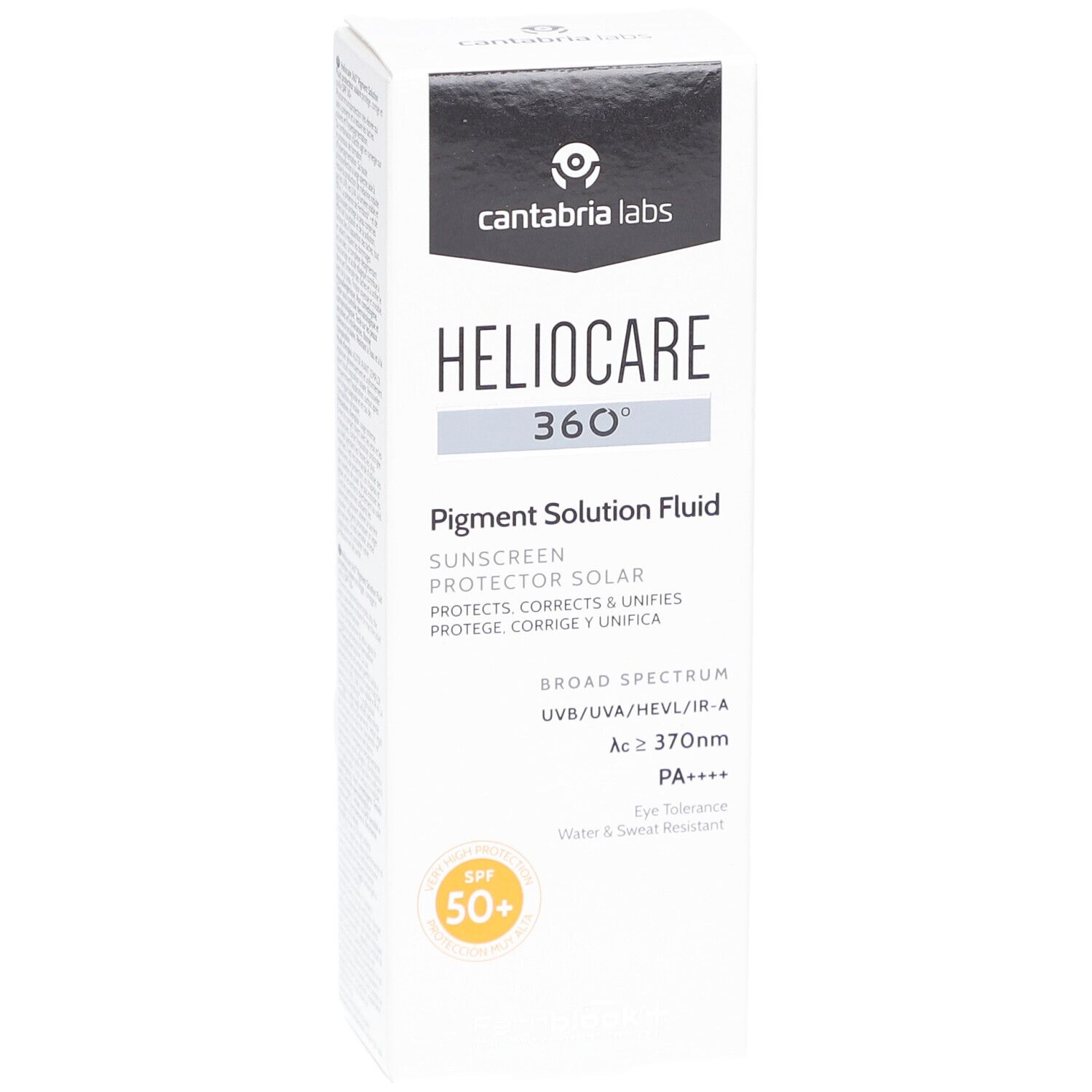 Weißer Karton, Heliocare 360° Pigment Solution Fluid SPF 50+. Produktname und SPF-Wert sichtbar. Verpackung.