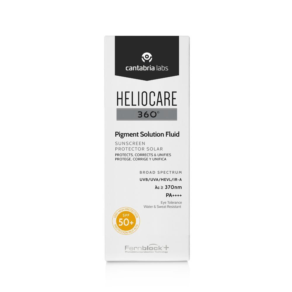 Weißer Karton mit Heliocare 360° Pigment Solution Fluid SPF 50+ Aufdruck. Schwarzer Streifen oben. Produktname und SPF-Wert sichtbar.