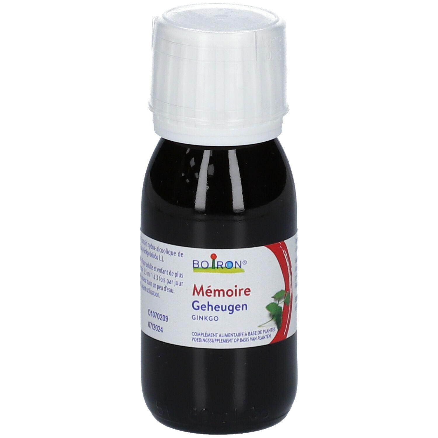 Bruine vloeistof in fles met witte dop. Opschrift: Boiron, Mémoire, Ginkgo.