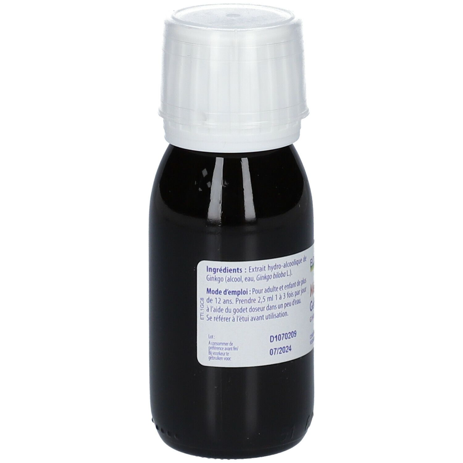 Bruine vloeistof in fles met witte dop. Opschrift: Boiron, Mémoire, Ginkgo.