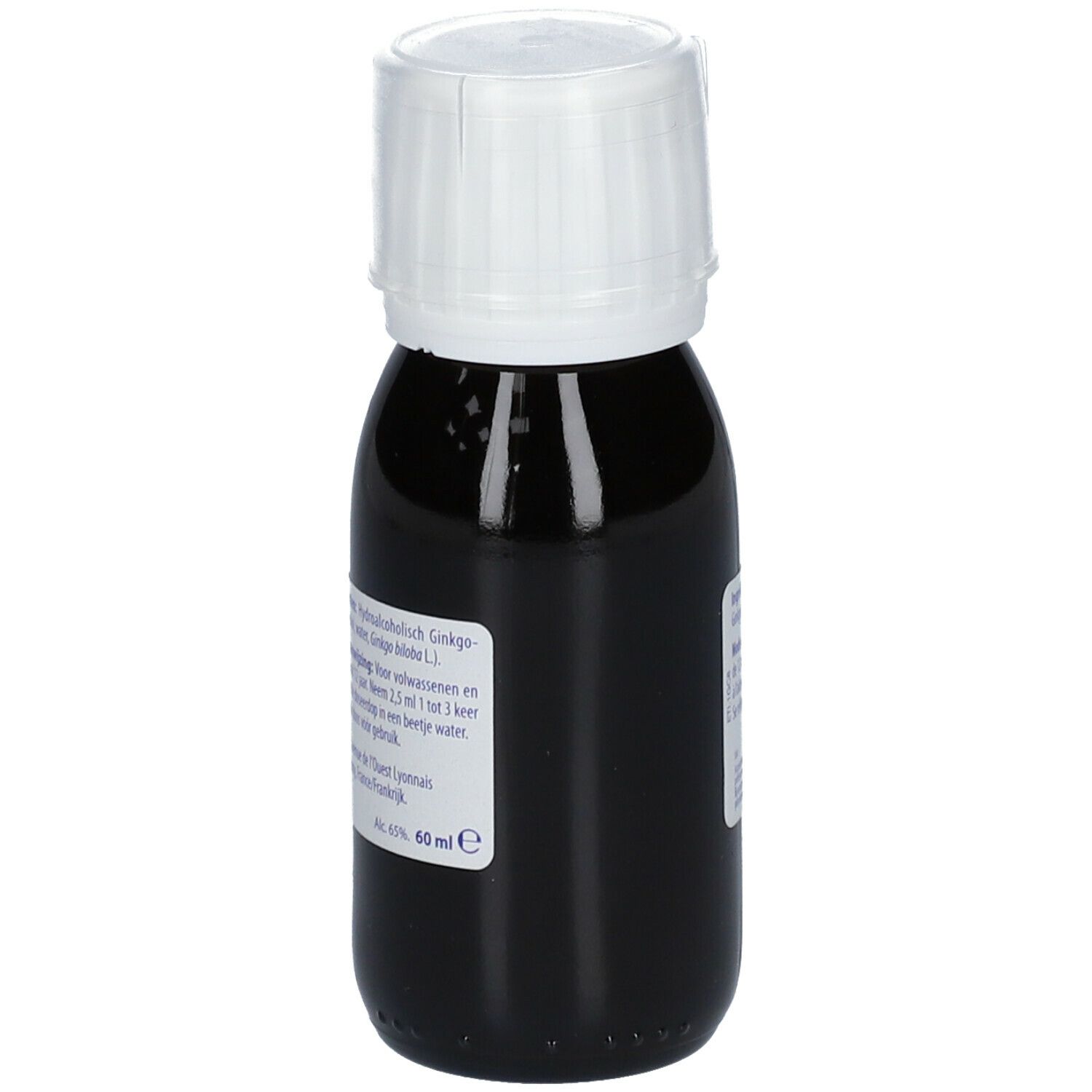 Bruine vloeistof in fles met witte dop. Opschrift: Boiron, Mémoire, Ginkgo.