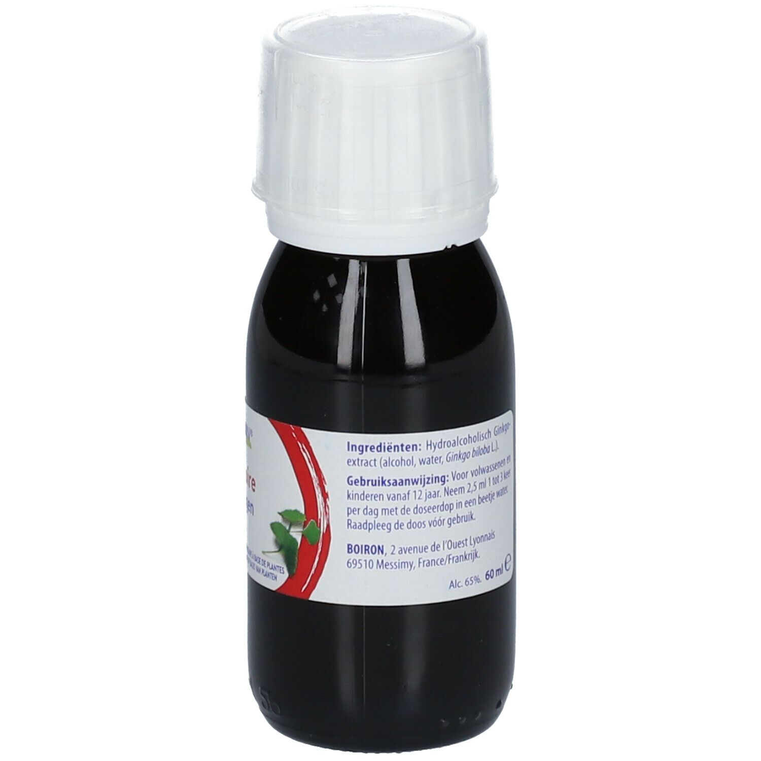 Bruine vloeistof in fles met witte dop. Opschrift: Boiron, Mémoire, Ginkgo.