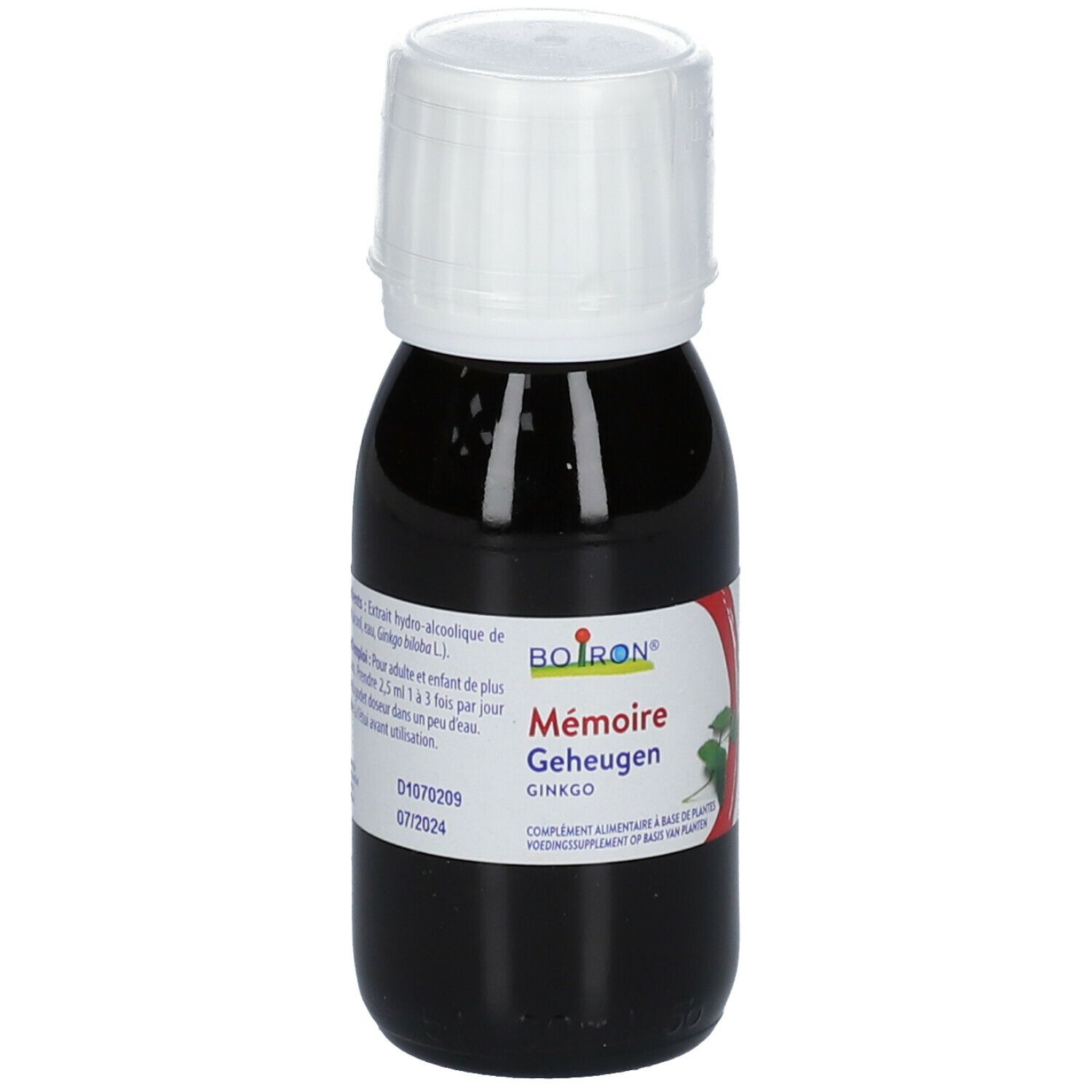 Bruine vloeistof in fles met witte dop. Opschrift: Boiron, Mémoire, Ginkgo.
