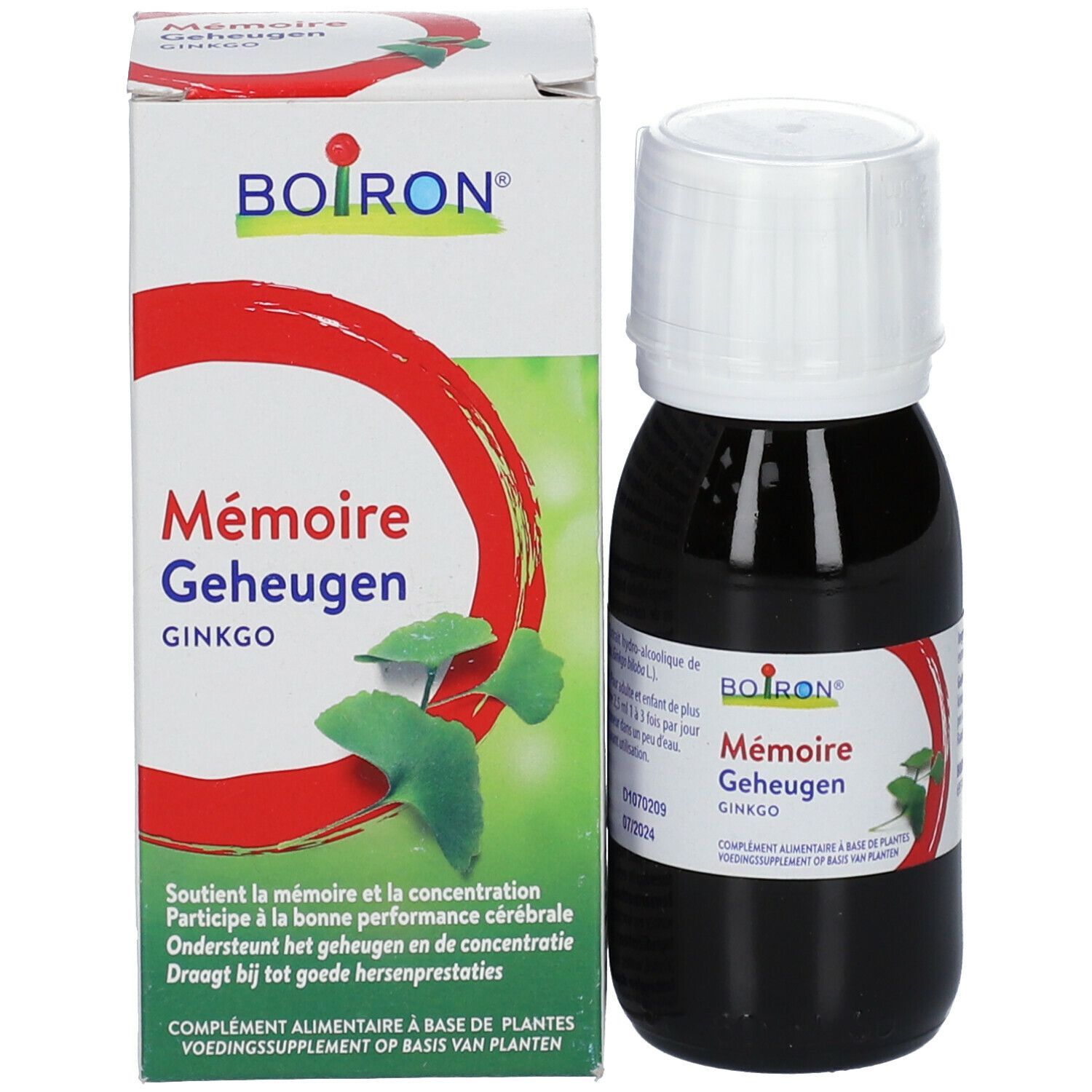 Fles en doos met opschrift Boiron, Mémoire, Ginkgo. Doos met rode cirkel.