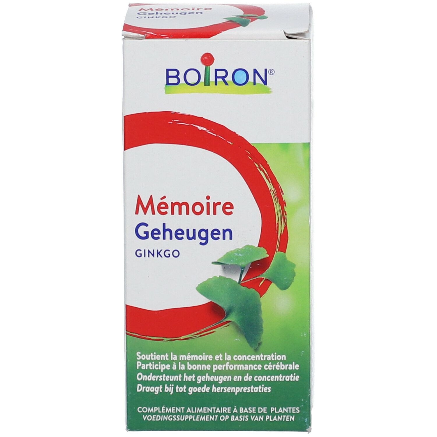 Doos met opschrift Boiron, Mémoire, Ginkgo. Rode cirkel met bladeren.