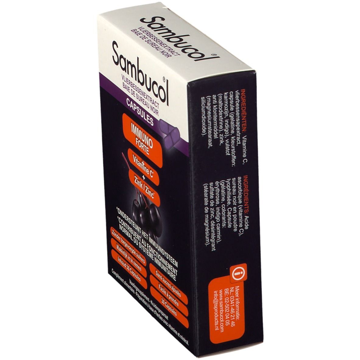 Zijkant doosje Sambucol capsules met ingrediëntenlijst. Bevat vlierbessenextract, vitamine C, zink.