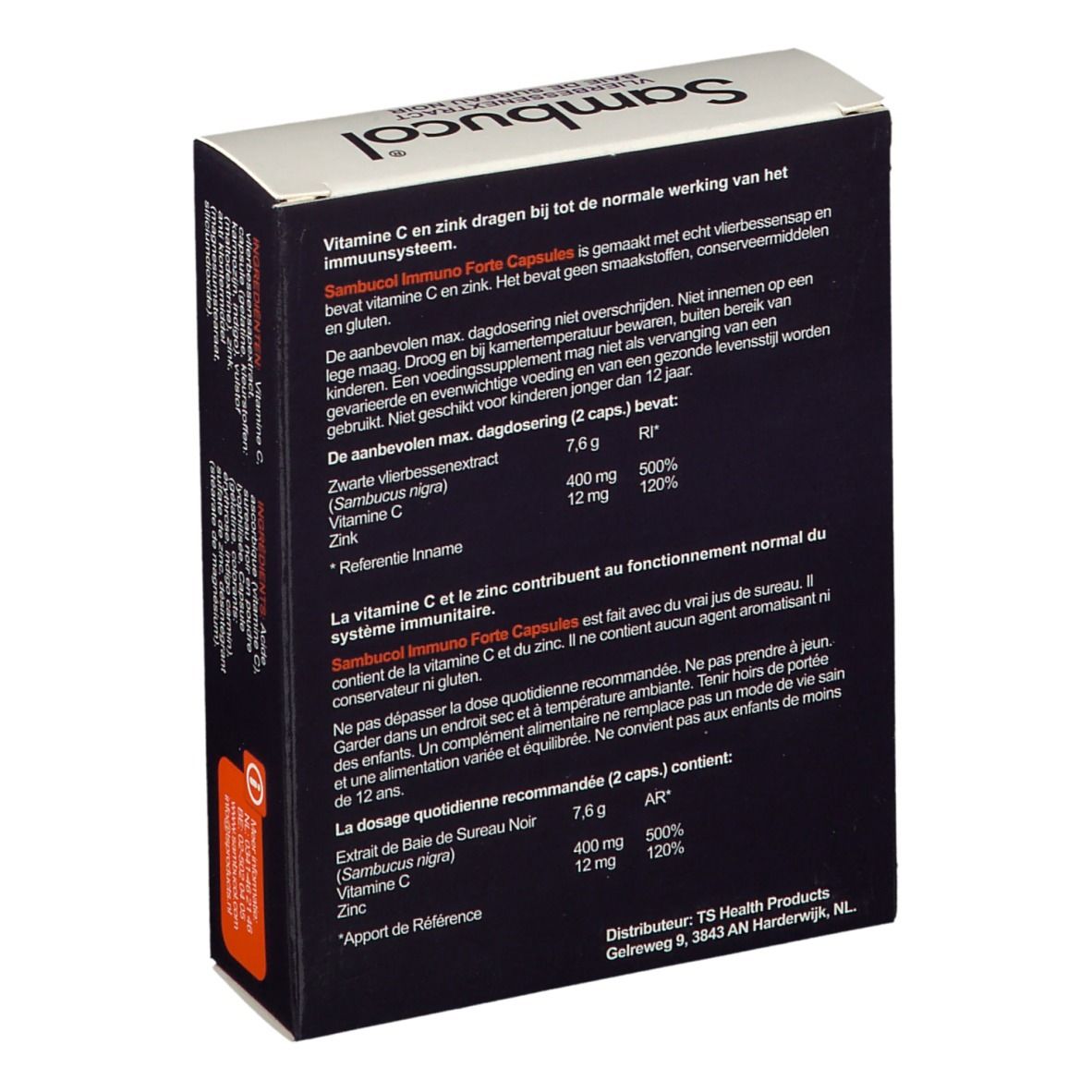 Achterkant doosje Sambucol capsules. Bevat informatie over ingrediënten en dosering. Met vlierbessenextract, vitamine C, zink.