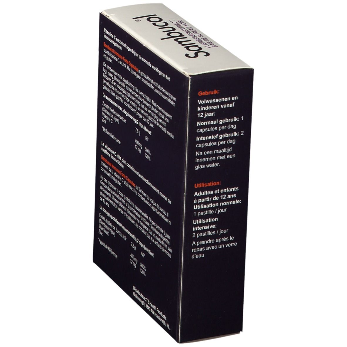 Doosje Sambucol capsules. Bevat informatie over gebruik. Dosering: 1-2 capsules per dag.