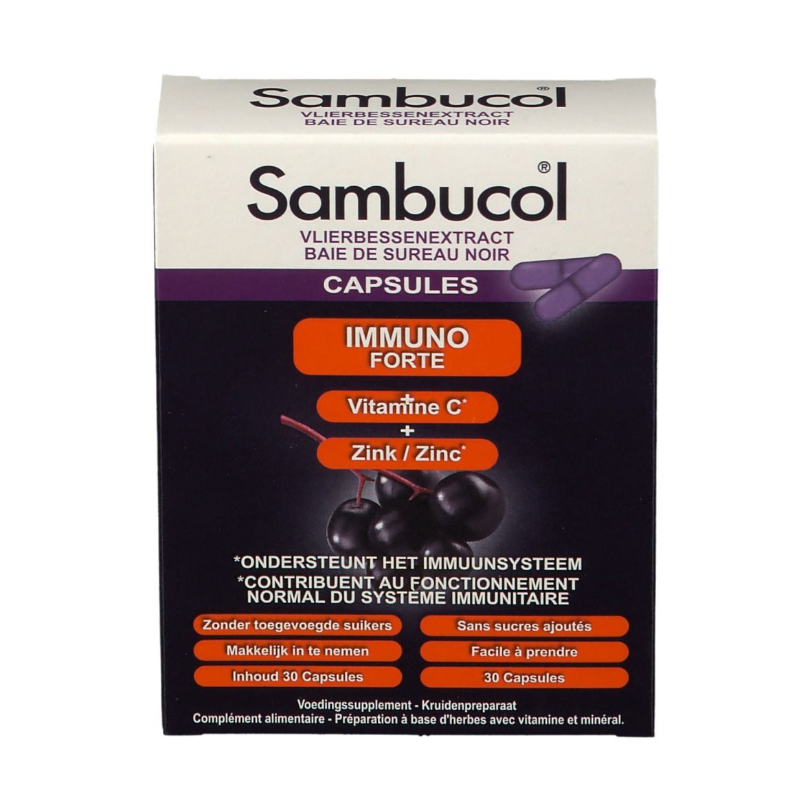 Doosje Sambucol capsules. Opschrift: IMMUNO FORTE, vitamine C, zink. Bevat 30 capsules.