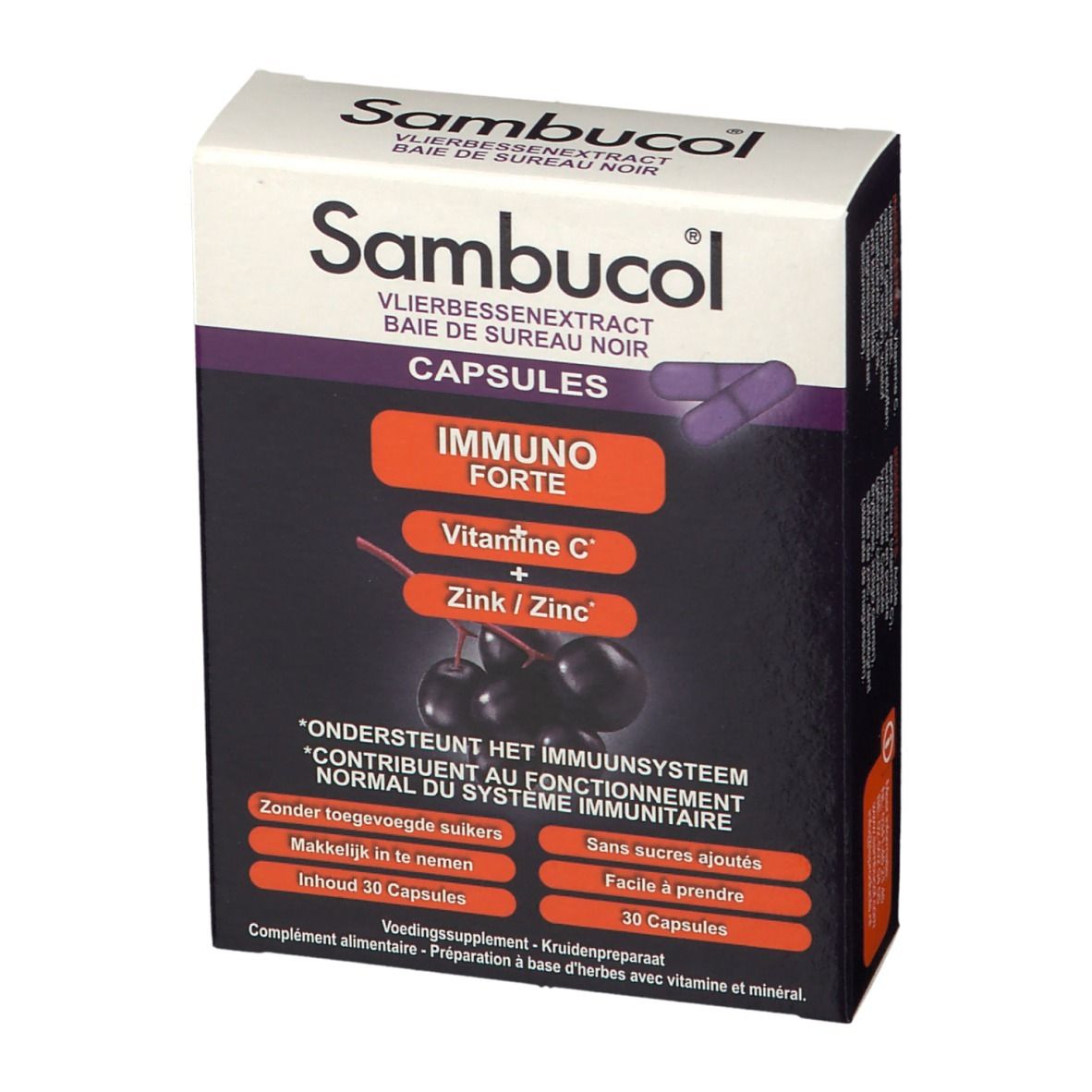 Doosje Sambucol capsules. Opschrift: IMMUNO FORTE, vitamine C, zink. Bevat 30 capsules.