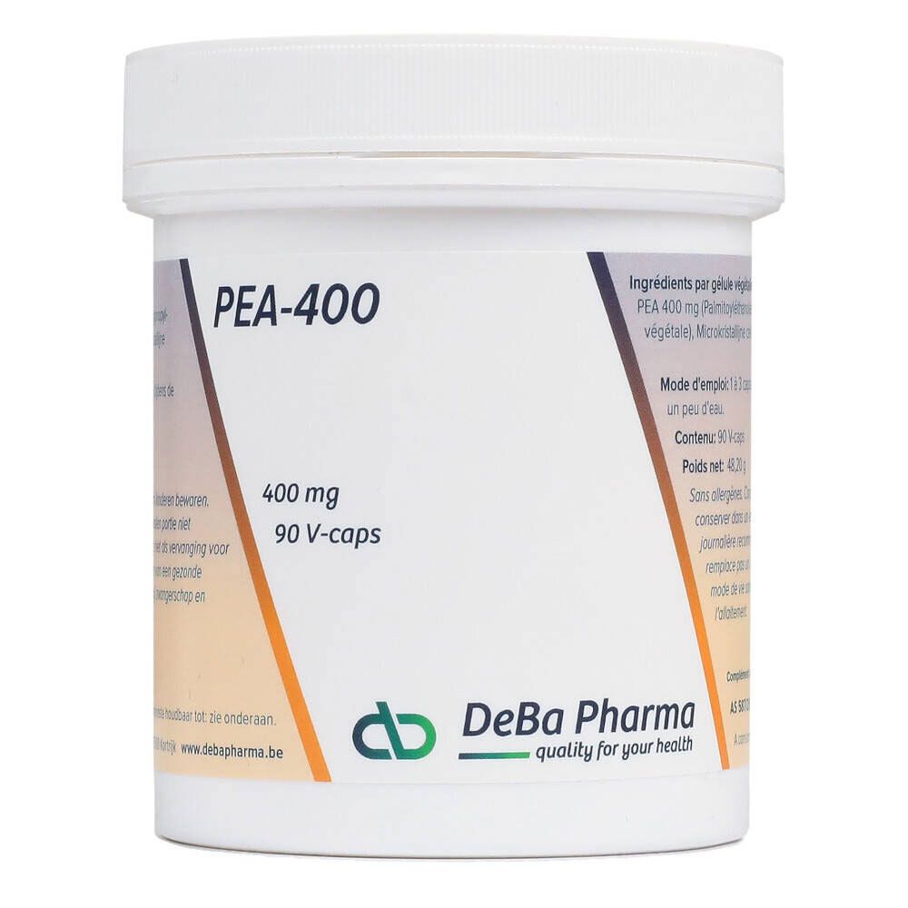 Weiße Dose mit PEA-400-Aufdruck. Enthält 90 V-Kapseln. DeBa Pharma Logo.