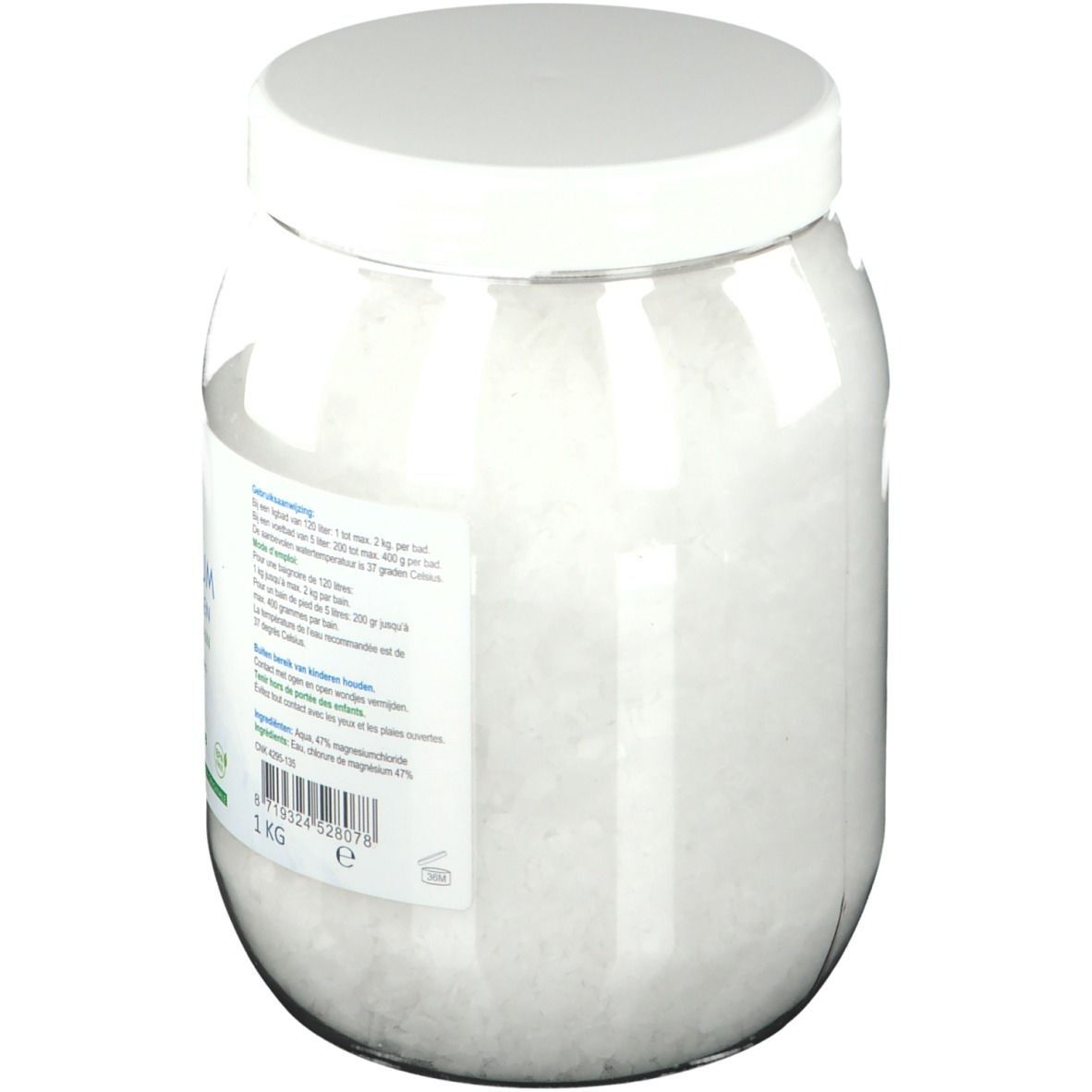 Transparante pot met witte deksel. Achterkant met tekst en 1 kg. Bevat magnesium.