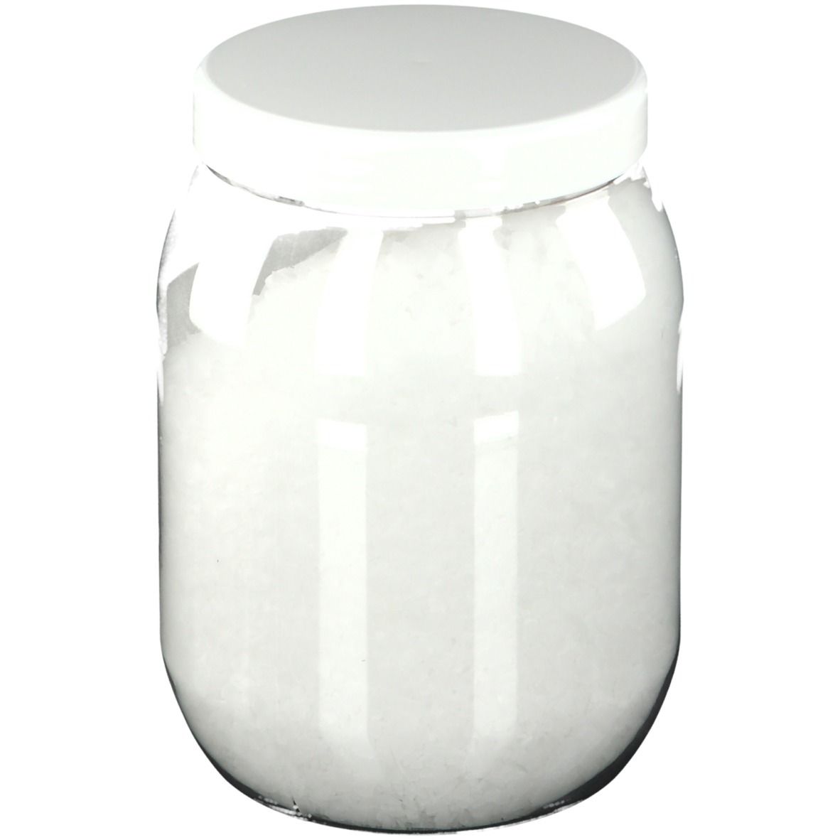 Transparante pot met witte deksel, gevuld met witte kristallen. Product zonder etiket.