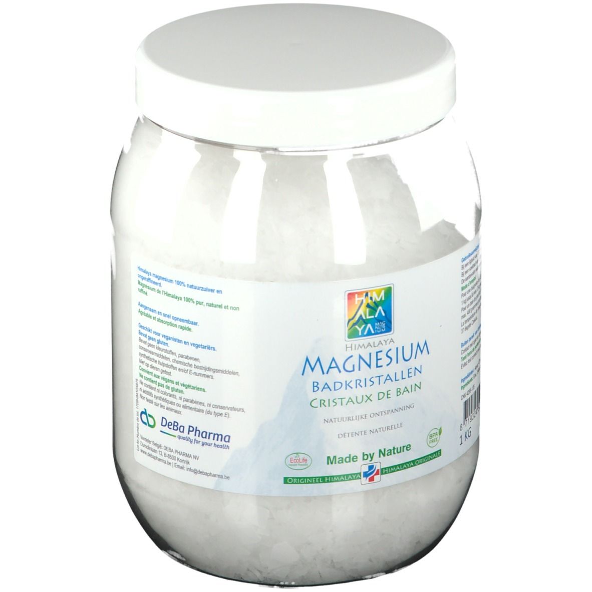 Transparante pot met witte deksel. Etiket met Himalaya Magnesium Badekristallen. 1 kg. DeBa Pharma.