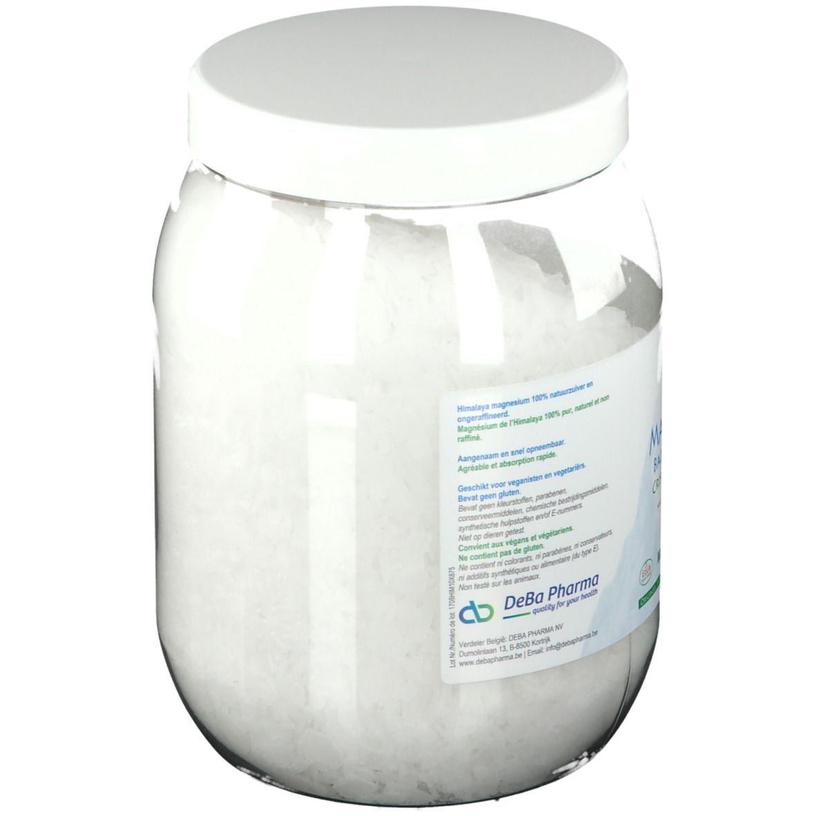 Transparante pot met witte deksel. Achterkant met tekst. DeBa Pharma. Bevat magnesium.