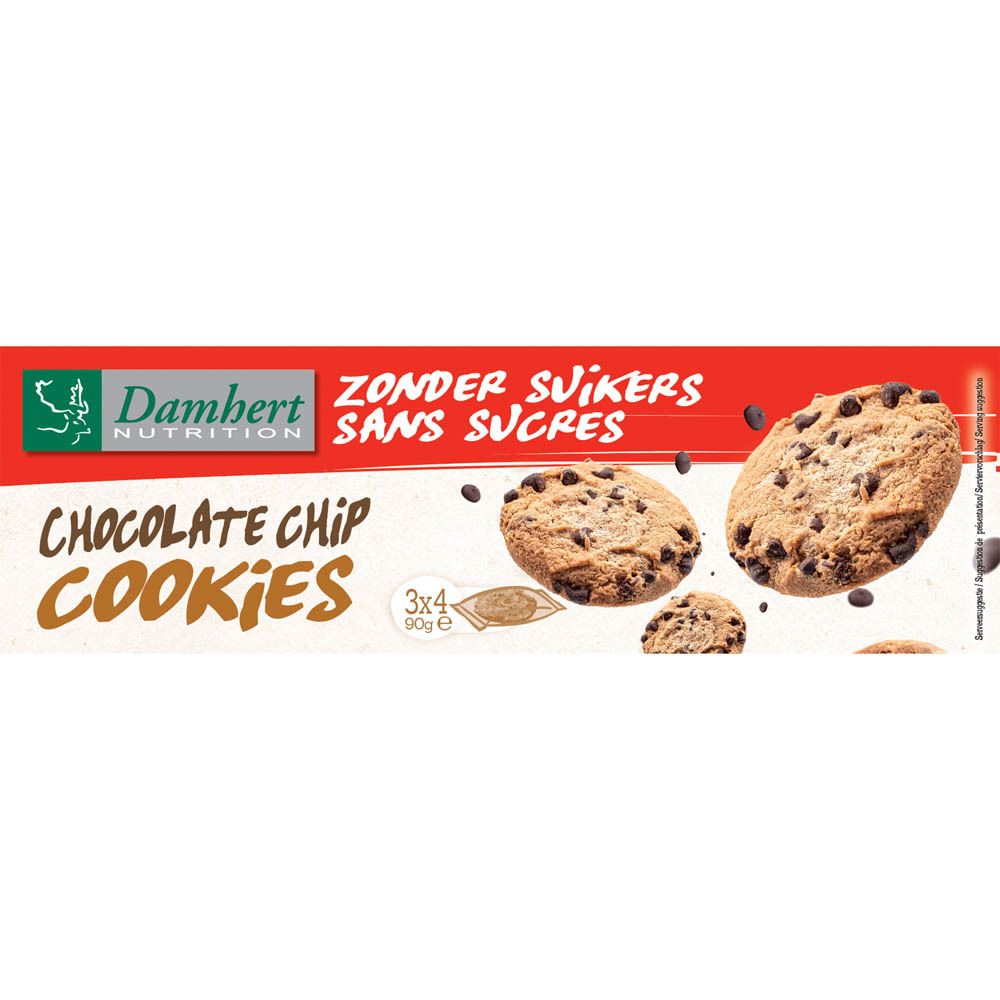 Schachtel Damhert Schokoladenplätzchen. Aufschrift: Chocolate Chip Cookies, ohne Zucker. Nahaufnahme.
