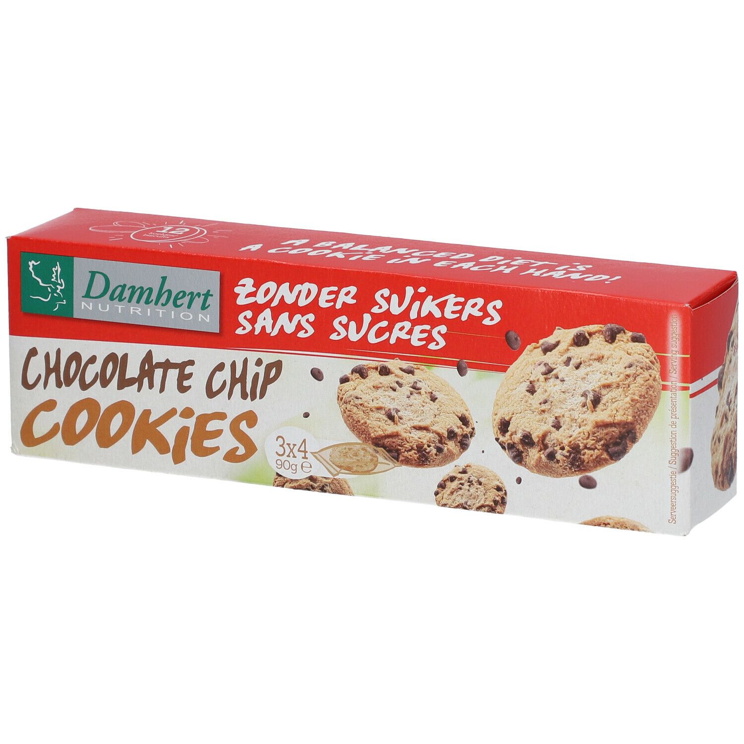 Schachtel mit Damhert Schokoladenplätzchen. Aufschrift: Chocolate Chip Cookies, ohne Zucker. Abbildung von Keksen.