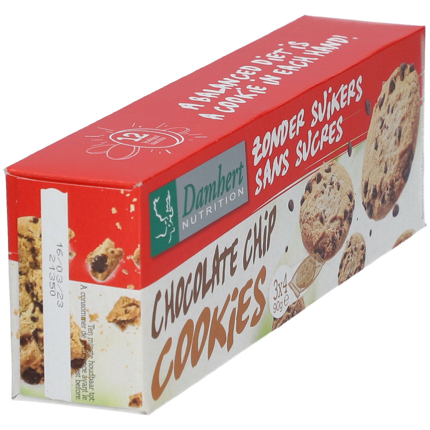 Schachtel Damhert Schokoladenplätzchen. Aufschrift: Chocolate Chip Cookies, ohne Zucker. Seitenansicht mit Keksen.