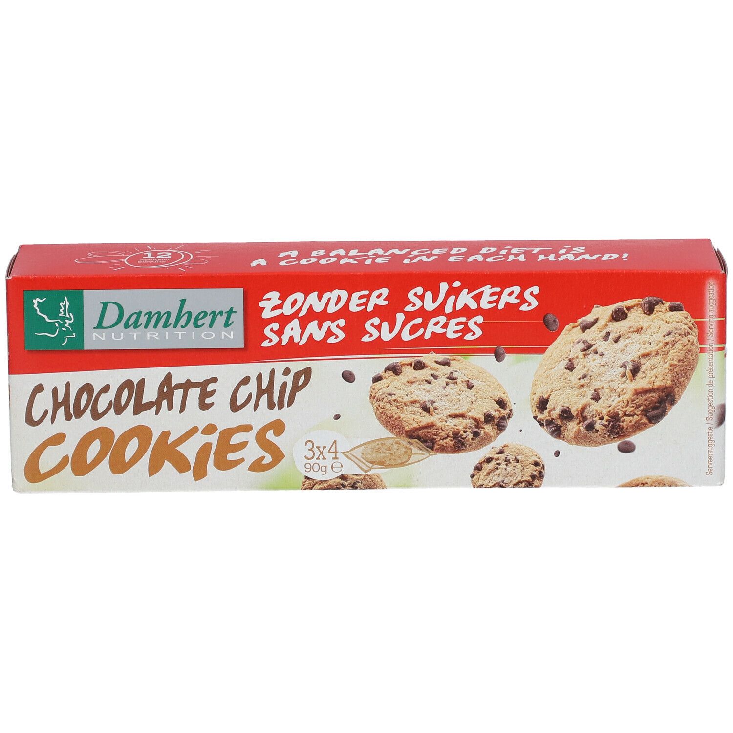 Schachtel Damhert Schokoladenplätzchen. Aufschrift: Chocolate Chip Cookies, ohne Zucker. Abbildung von Keksen.