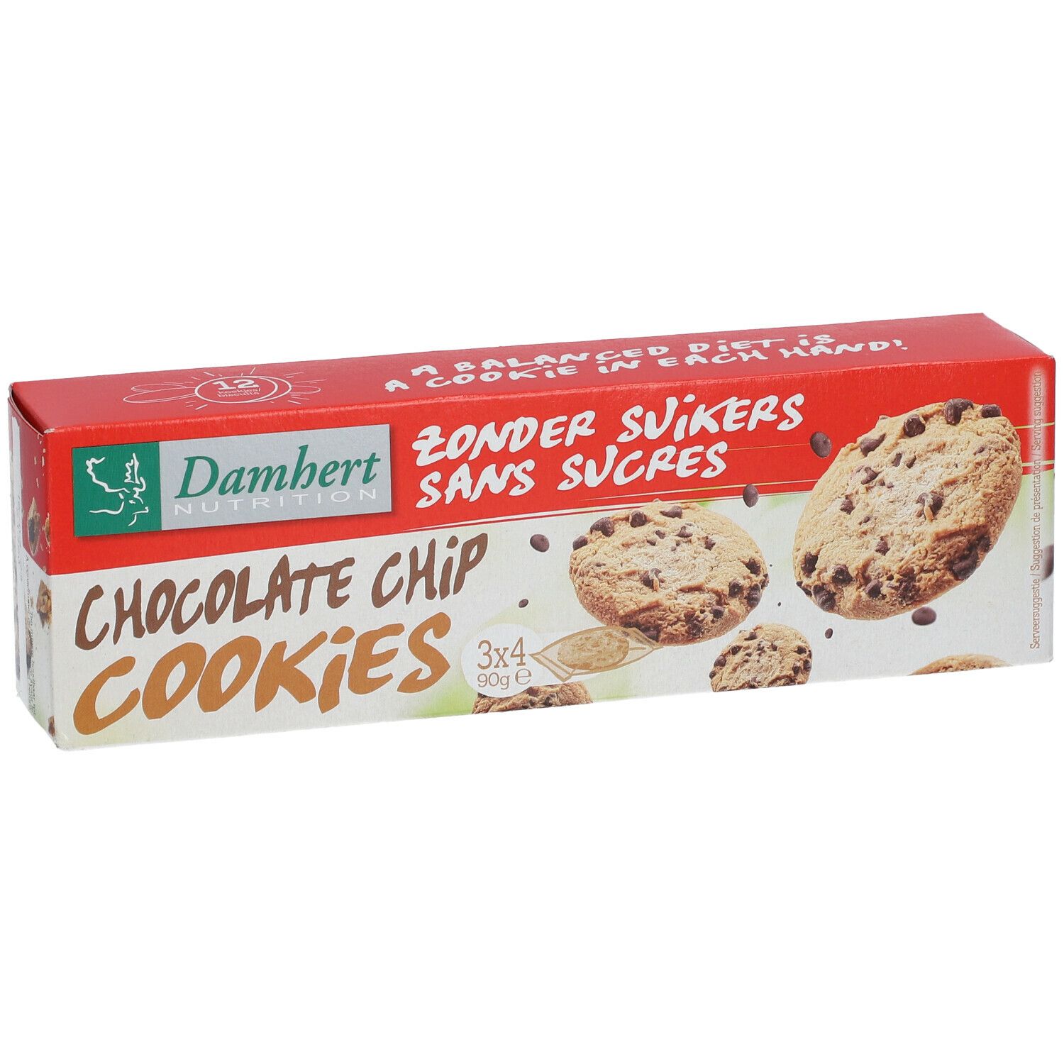 Schachtel Damhert Schokoladenplätzchen. Aufschrift: Chocolate Chip Cookies, ohne Zucker. Abbildung von Keksen.
