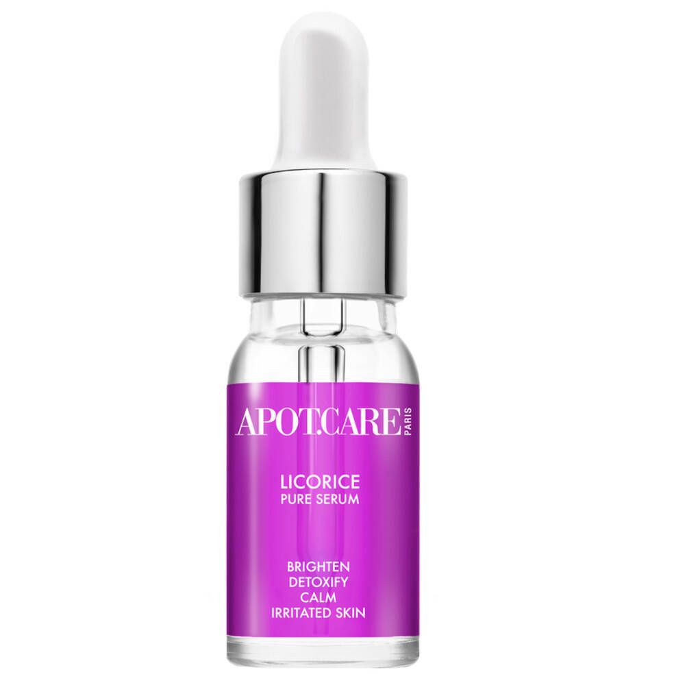 Serumfles met pipet. Opschrift: APOT.CARE, Licorice Pure Serum. Voor geïrriteerde huid.