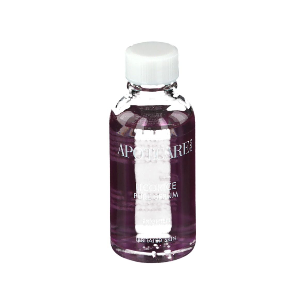 Serumfles met witte dop. Opschrift: APOT.CARE, Licorice Pure Serum. Voor geïrriteerde huid.