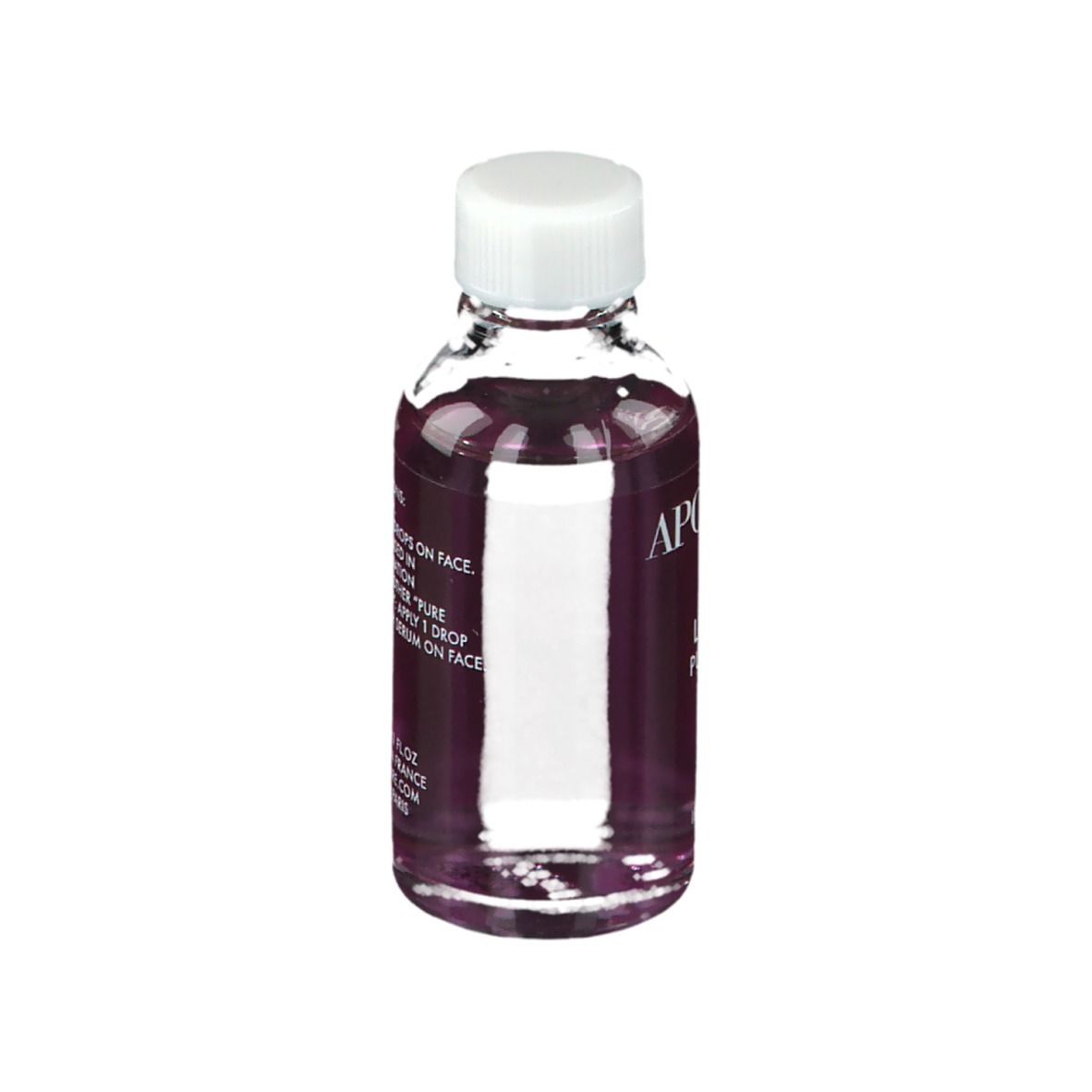 Serumfles met witte dop. Opschrift: APOT.CARE, Licorice Pure Serum. Voor geïrriteerde huid.