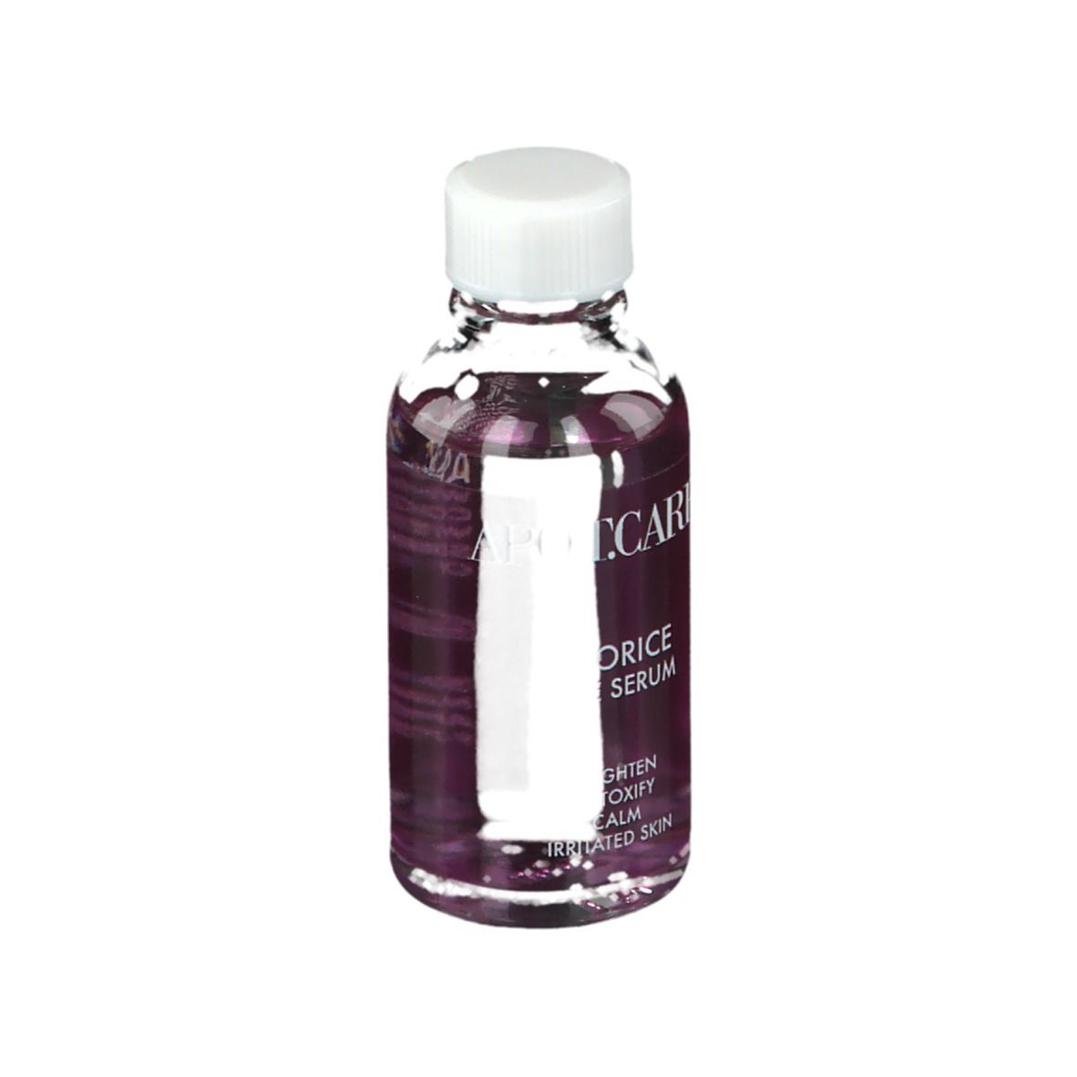 Serumfles met witte dop. Opschrift: APOT.CARE, Licorice Pure Serum. Voor geïrriteerde huid.