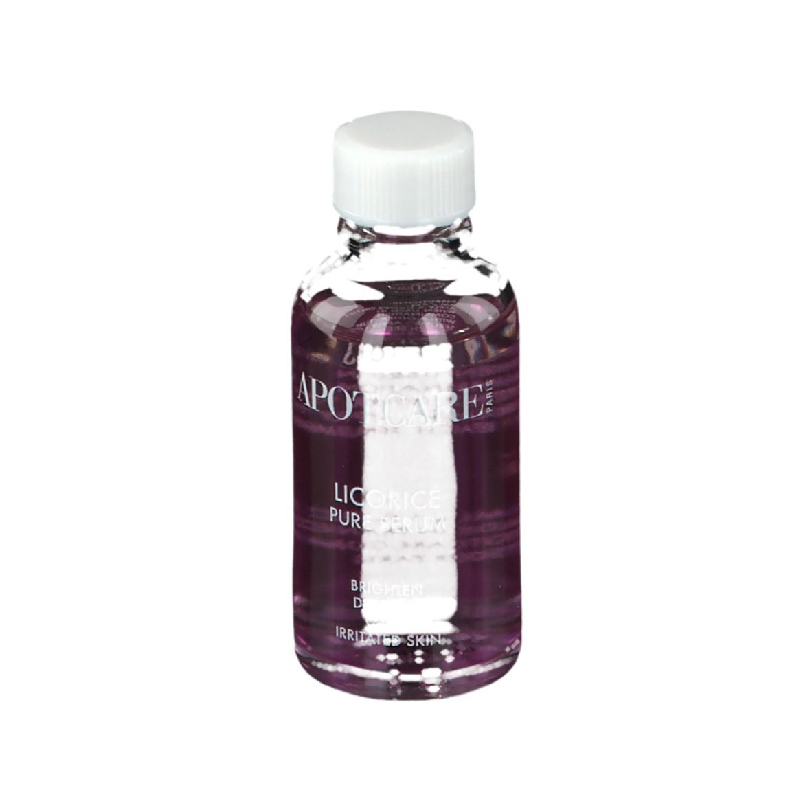 Serumfles met witte dop. Opschrift: APOT.CARE, Licorice Pure Serum. Voor geïrriteerde huid.